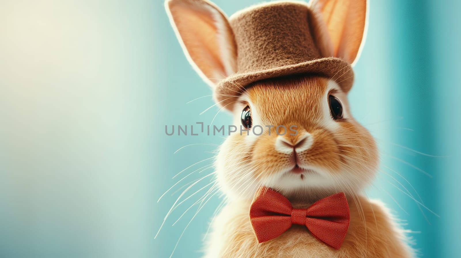 Charming rabbit wearing a vintage top hat and red bow tie against a blue background, exuding elegance and style.