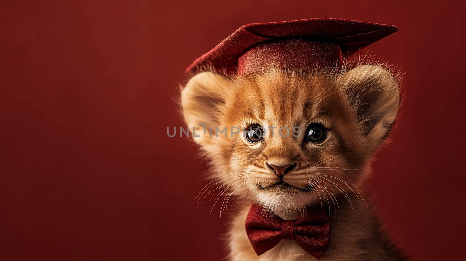 An adorable lion cub wearing a graduation cap and bow tie, set against a red backdrop.