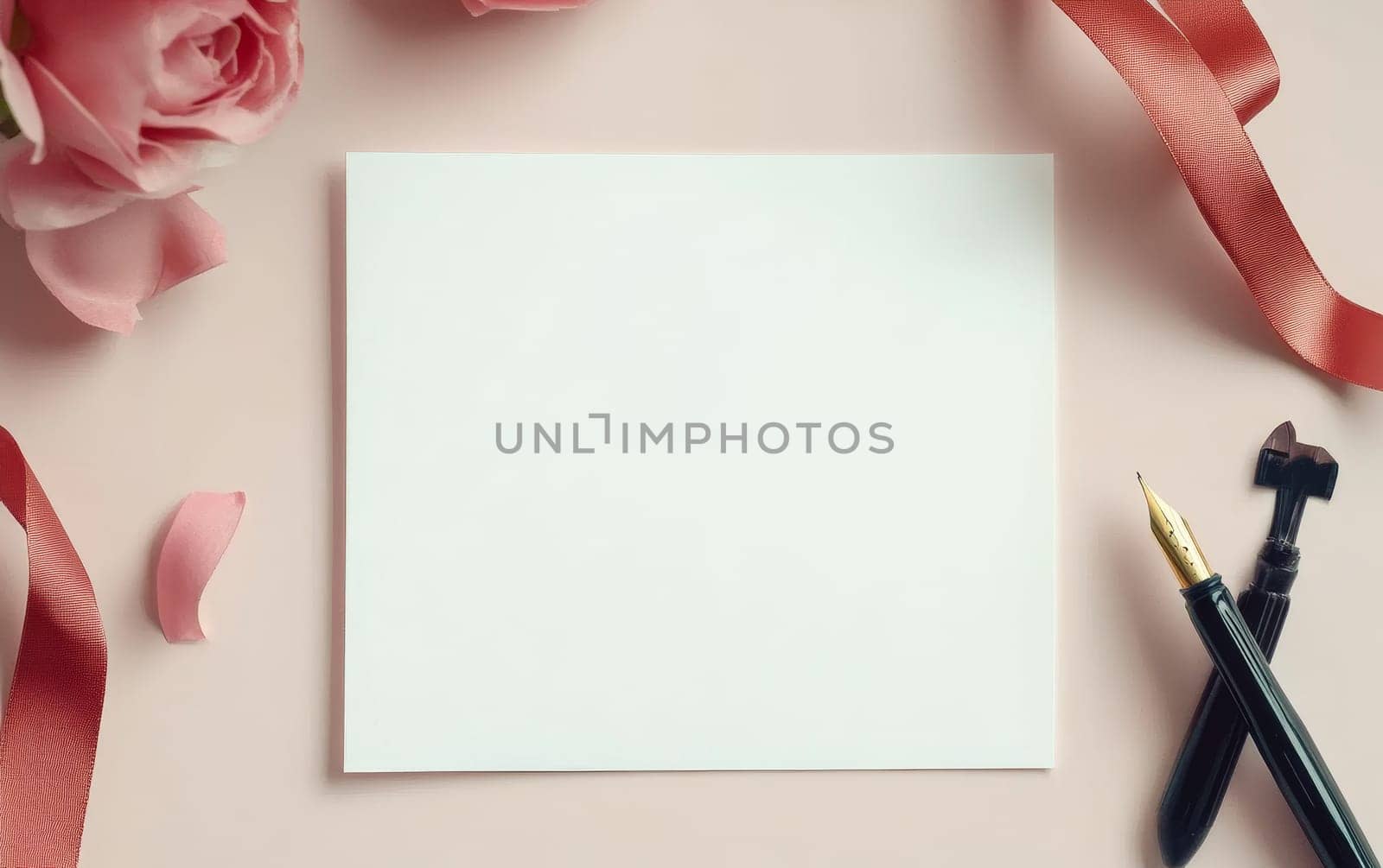 Elegant stationery setup with pink roses, red ribbon, and blank white card on beige background, perfect for wedding invitations or love letters.