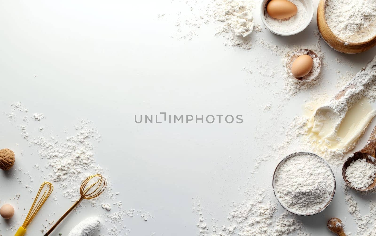 Baking ingredients including flour, eggs, butter, and whisks arranged on a white background with ample copy space for text or design elements.