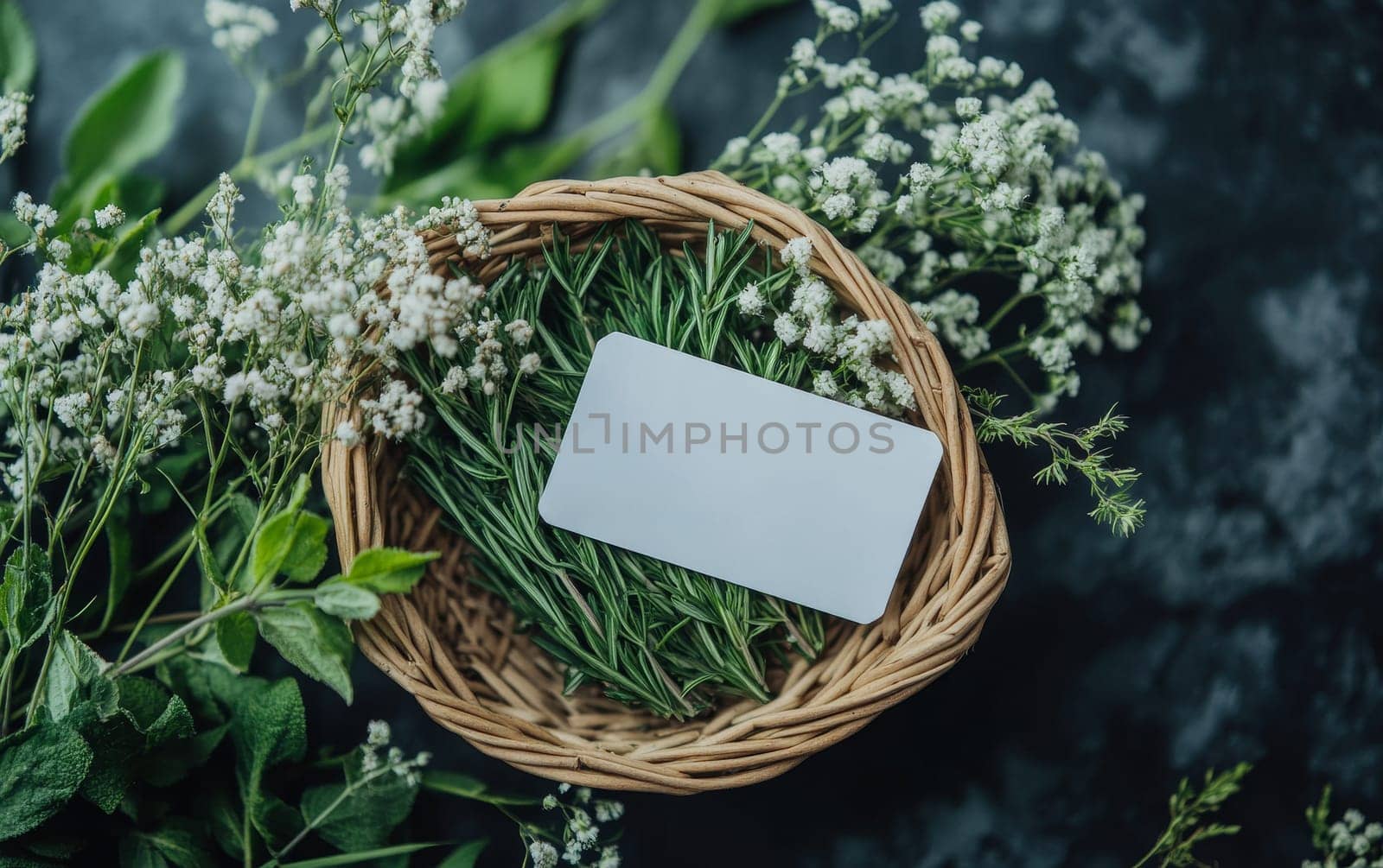 Blank business card nestled in wicker basket with fresh herbs and baby's breath flowers. Natural branding concept with copy space.