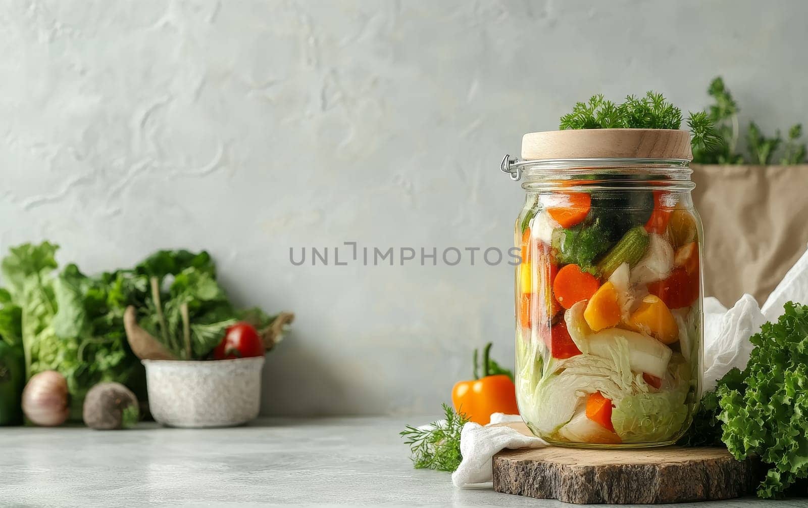 Fresh assorted vegetables preserved in a glass jar with herbs, showcasing vibrant colors and textures. Healthy food concept with copy space.