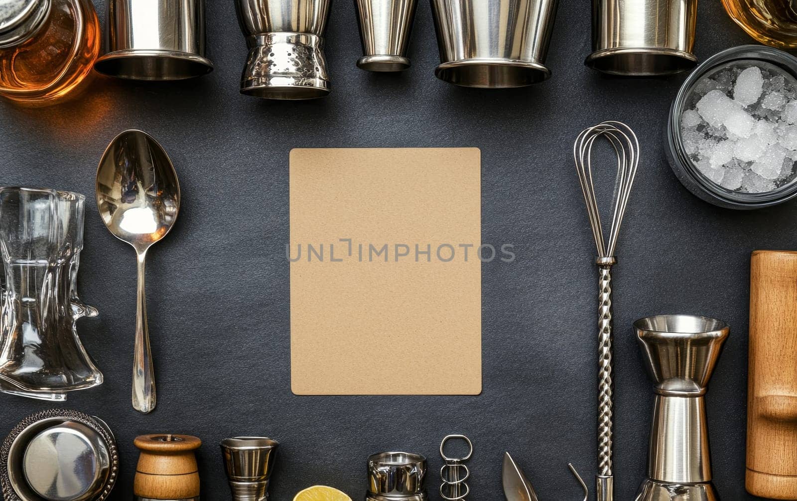 Various bartending tools and accessories arranged around a blank kraft paper card on a dark background, perfect for menu or recipe display.
