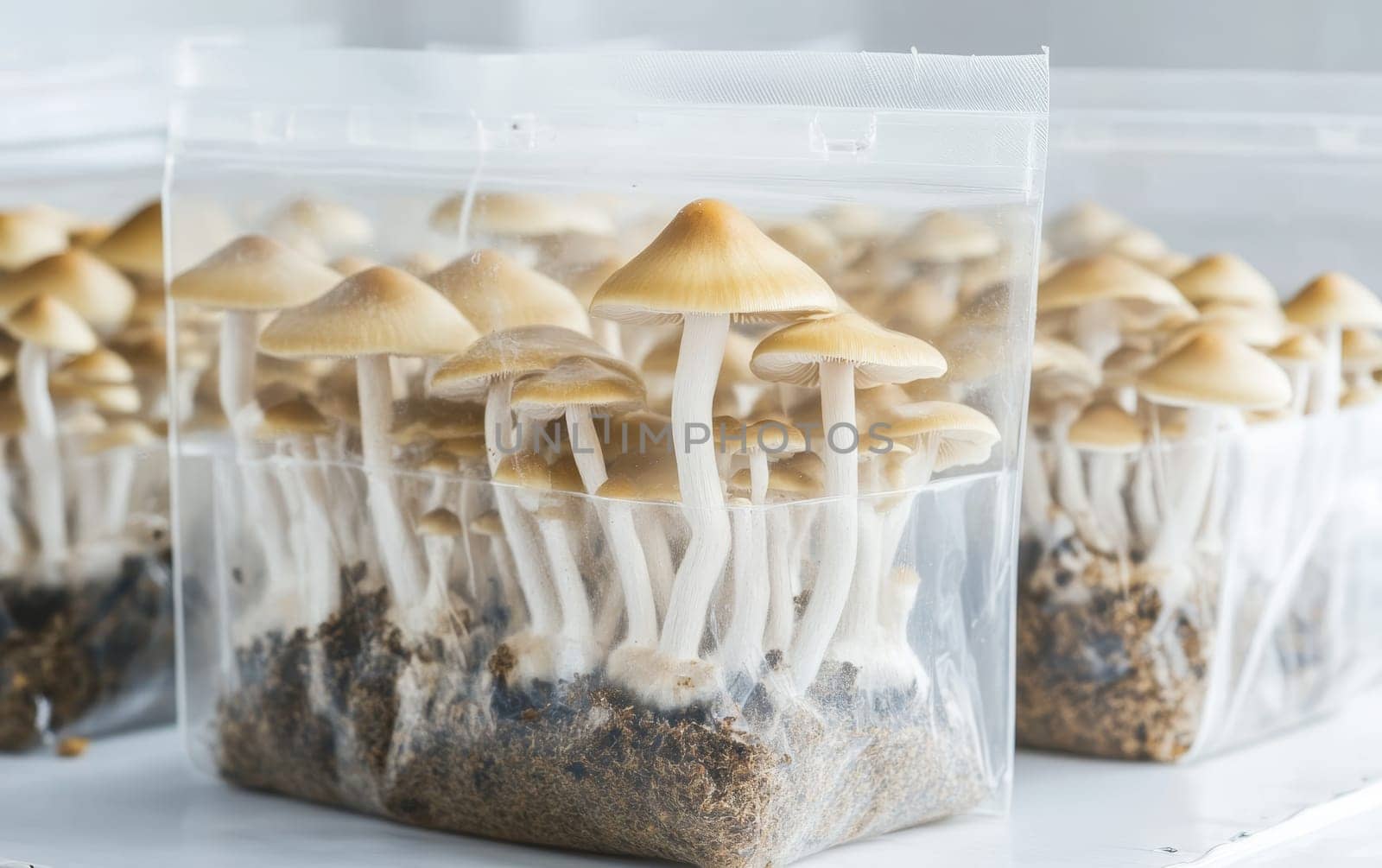 Fresh cultivated mushrooms growing in a clear plastic container, showcasing modern fungi farming techniques and controlled environment agriculture.