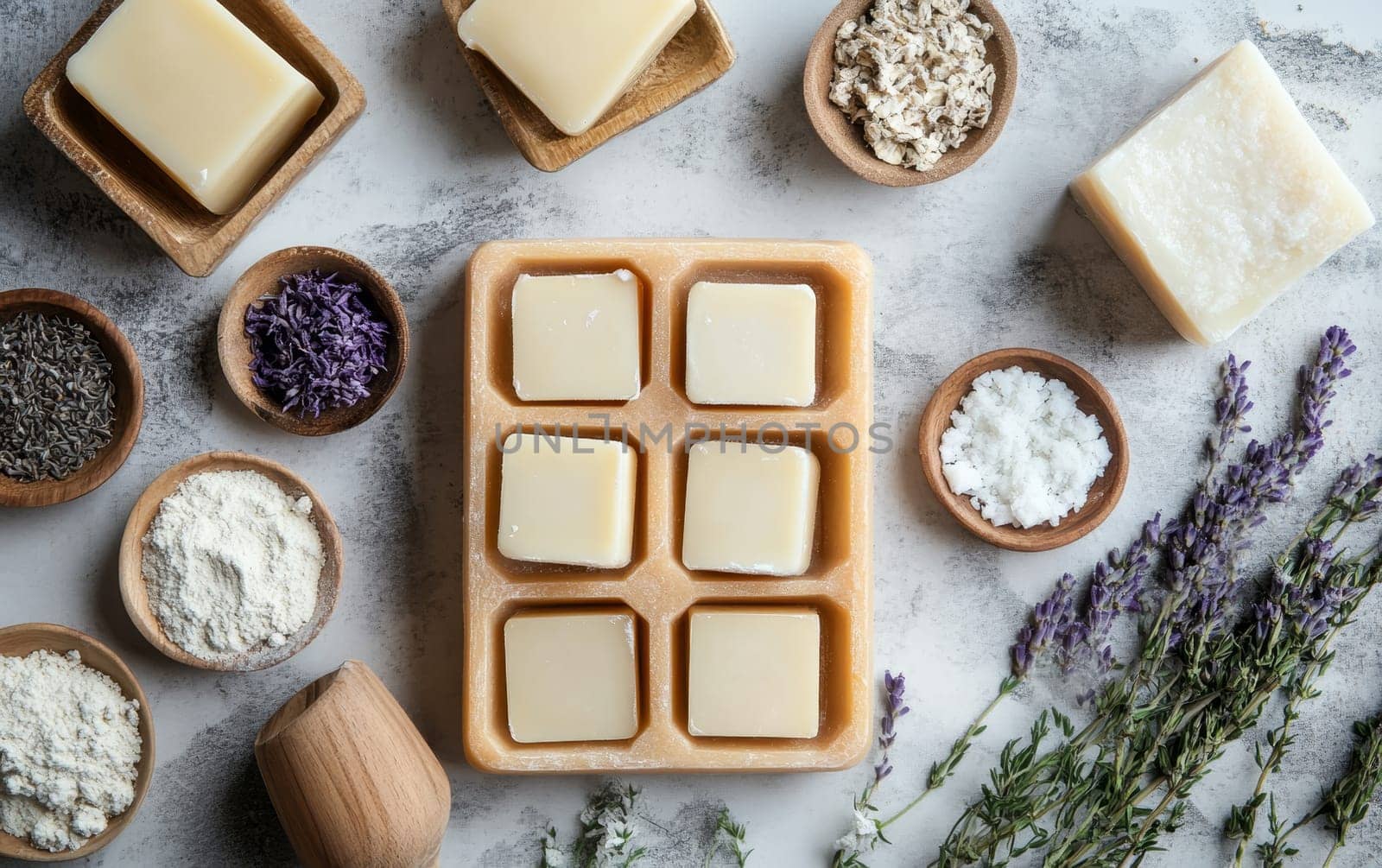 Organic soap making ingredients including essential oils, herbs, and natural additives arranged on a rustic background with wooden utensils and molds.