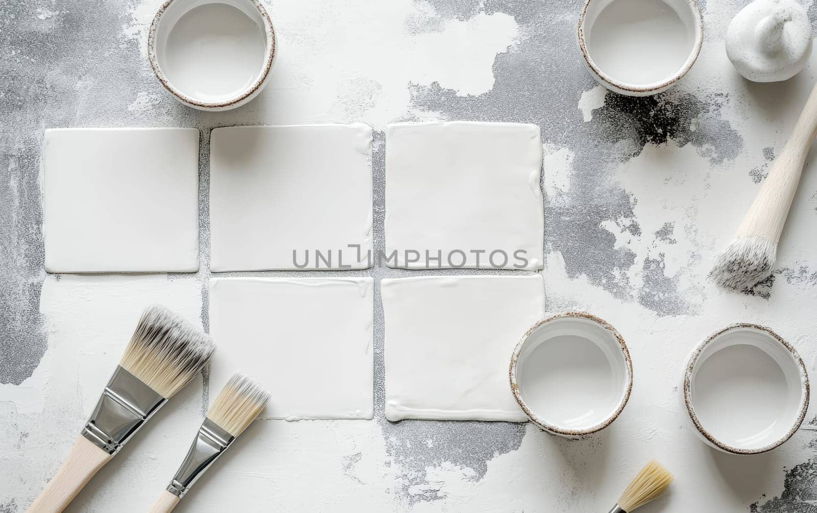 White ceramic containers and paintbrushes arranged around blank canvas squares on a distressed grey surface, perfect for artistic and creative concepts.