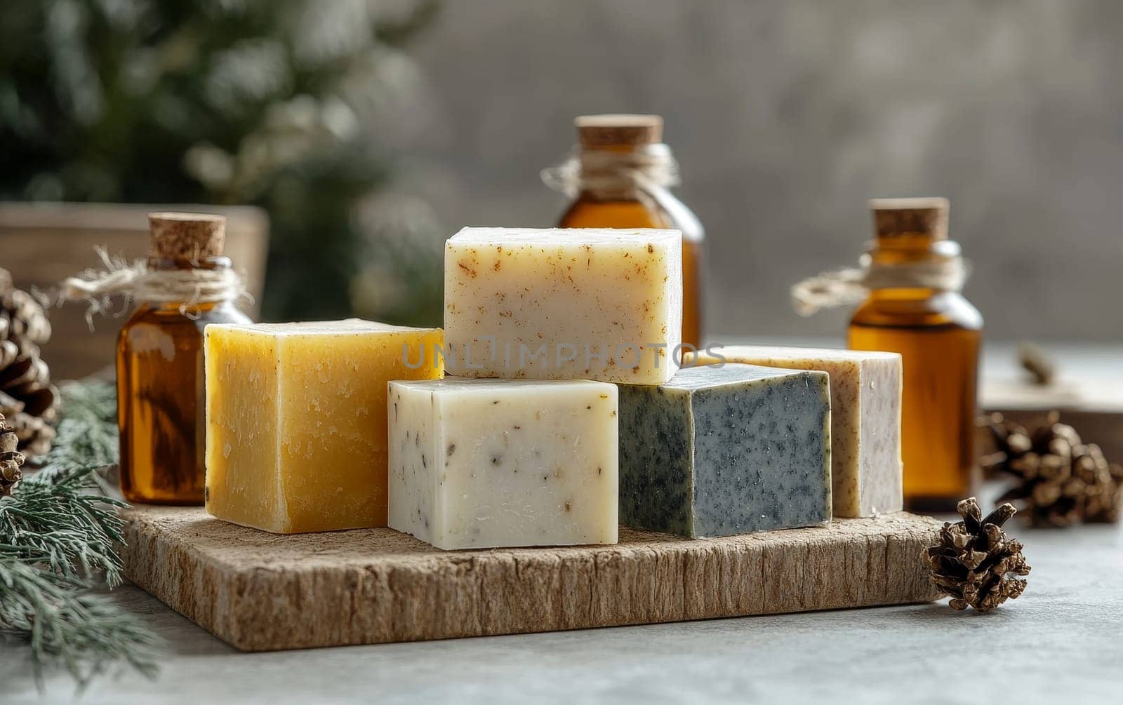 Assorted handmade soap bars with essential oil bottles on wooden board, surrounded by pine cones and greenery, showcasing organic skincare products.