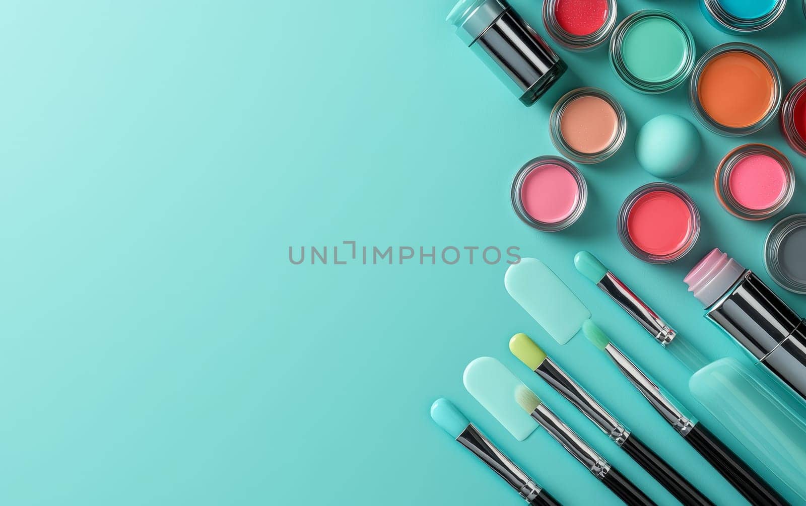 Diverse makeup products including eyeshadows, lipsticks, and brushes arranged on vibrant turquoise background with copy space, showcasing beauty industry trends.