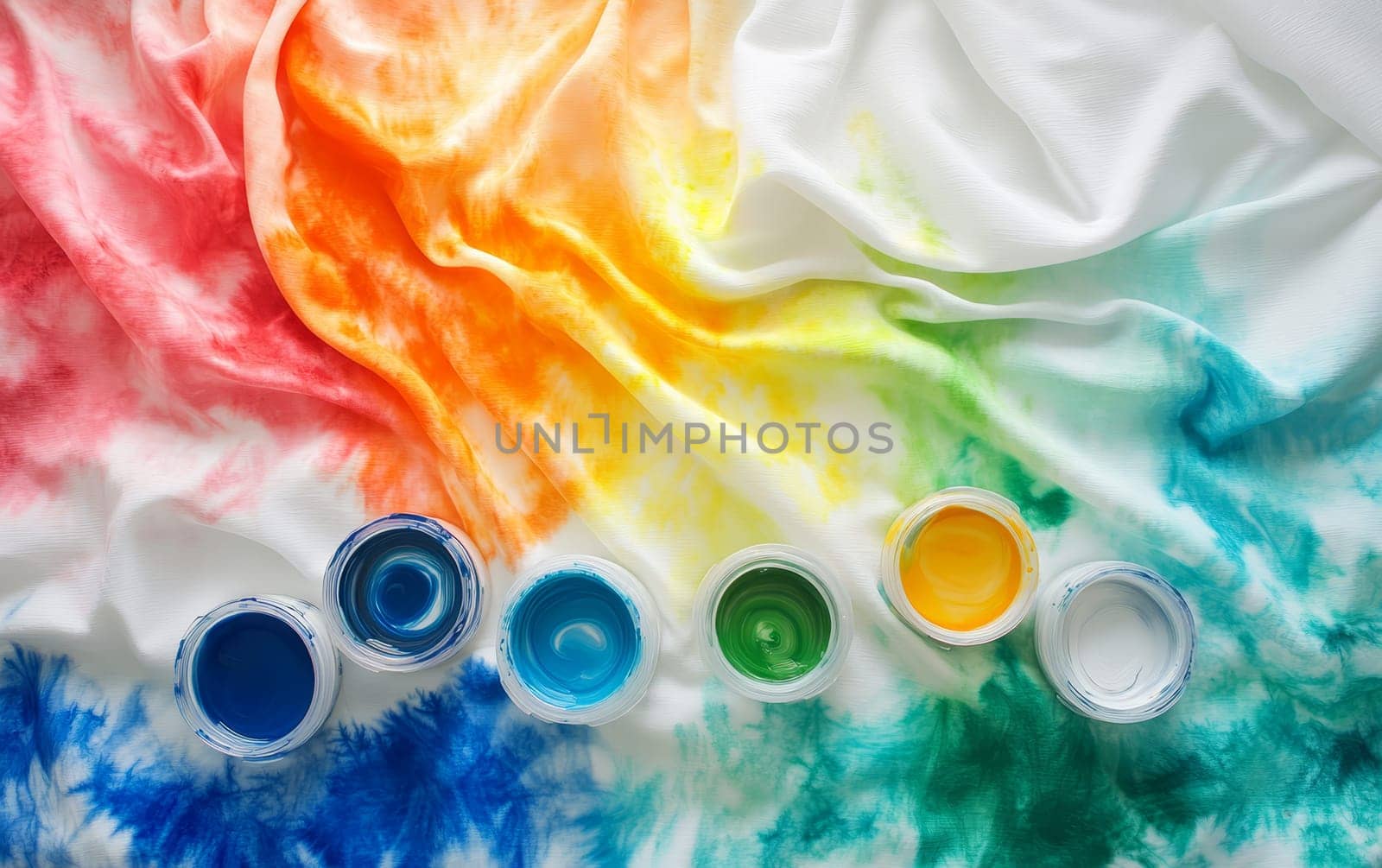 Colorful tie dye fabric with rainbow hues spreading across white cloth, accompanied by open containers of vibrant fabric paints, showcasing textile art creativity.