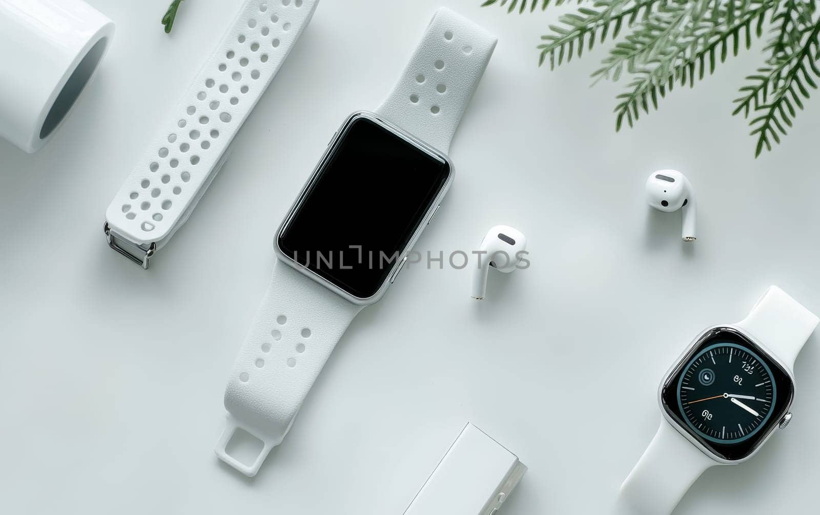 Modern white smartwatch with perforated strap, wireless earbuds, and smartphone on a clean white background with fern leaves, showcasing contemporary tech accessories.