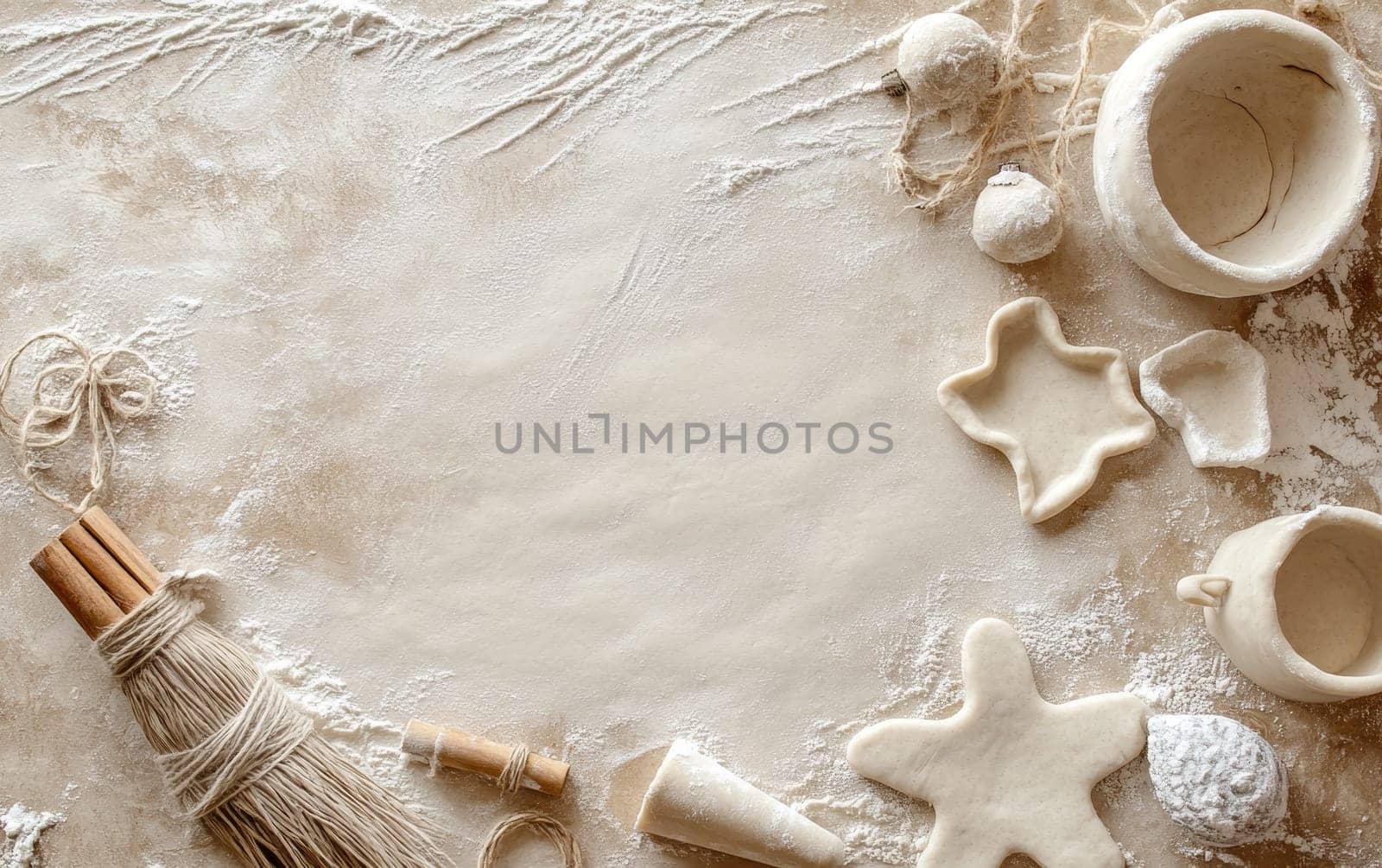 Various ceramic crafting tools, clay shapes, and bowls arranged on a floured surface, showcasing pottery making process with ample copy space.