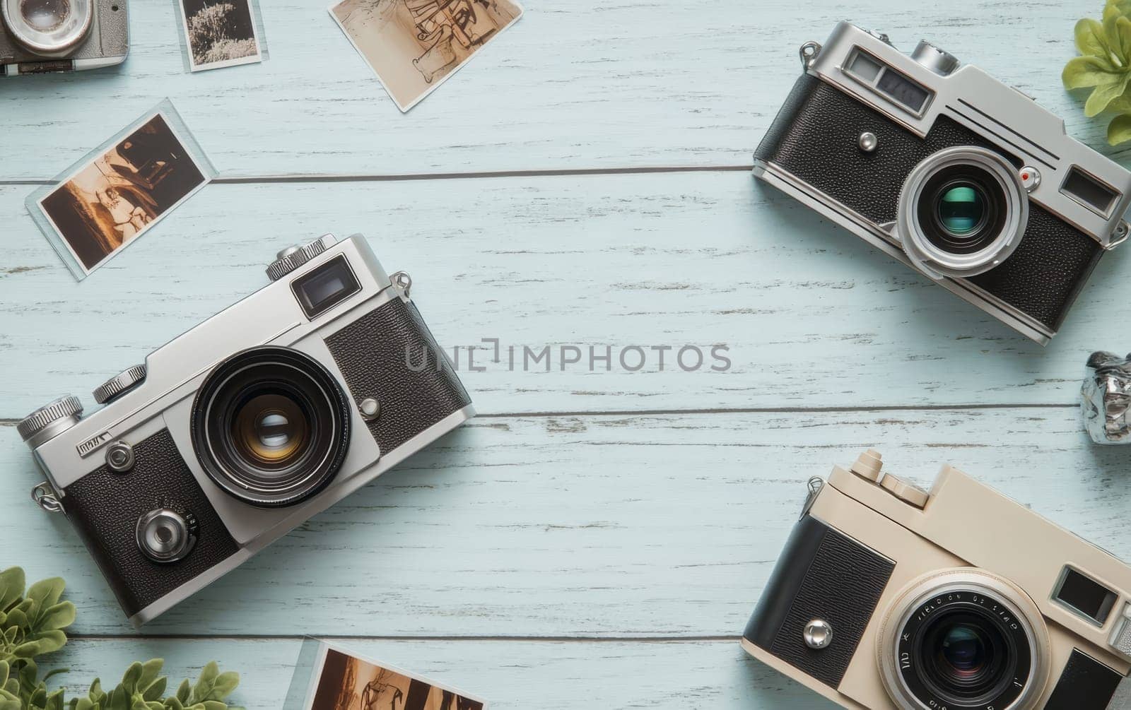 Collection of vintage film cameras with old photographs scattered on a weathered wooden surface, evoking nostalgia and the art of analog photography.