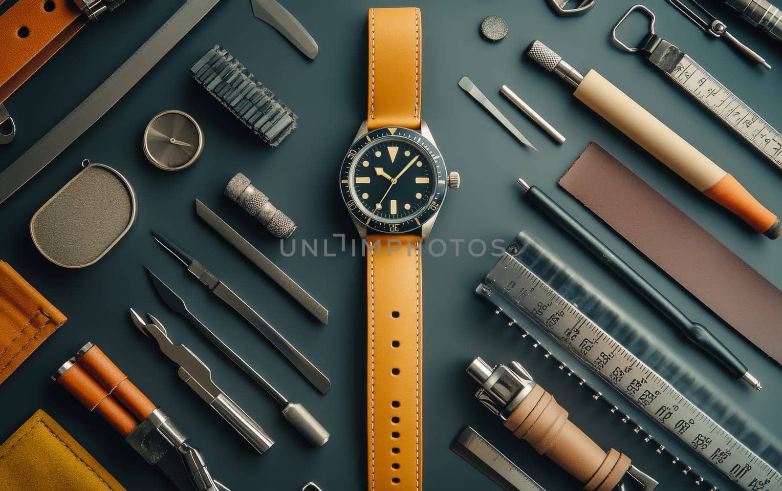 Elegant diver's watch with yellow leather strap surrounded by precision tools and equipment for watchmaking and leather crafting on dark background.