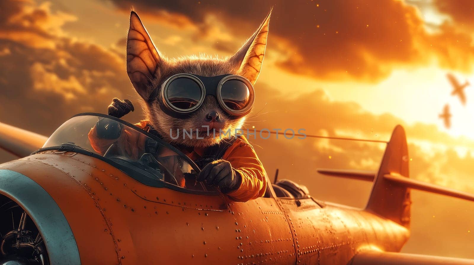 A fennec fox wearing aviator goggles pilots an orange airplane against a dramatic sunset sky.