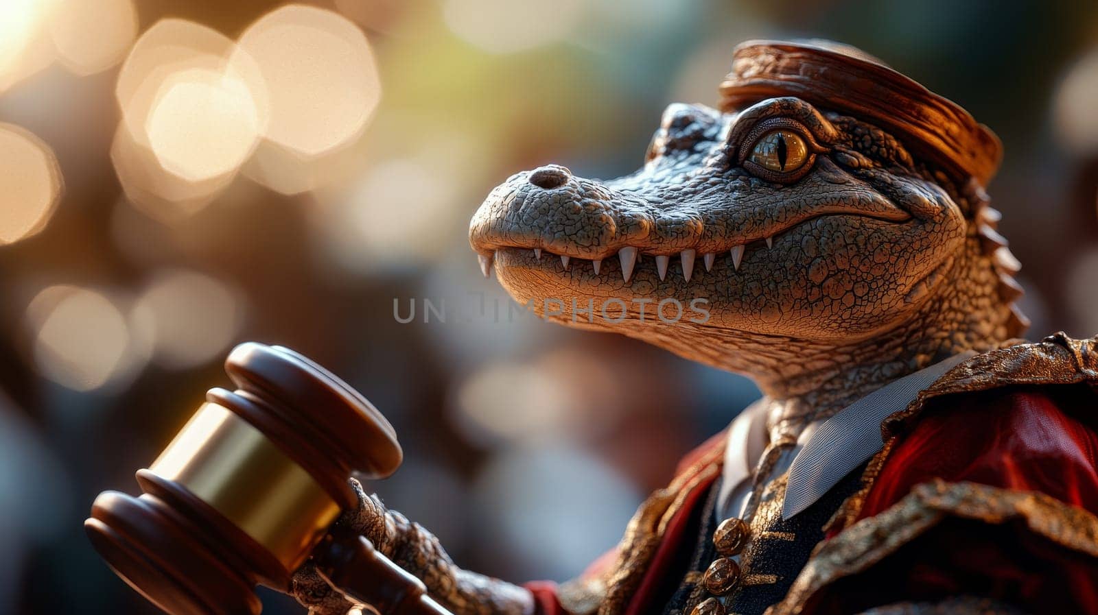 An alligator dressed as a judge holds a gavel, ready to preside over court in an elegant robe.