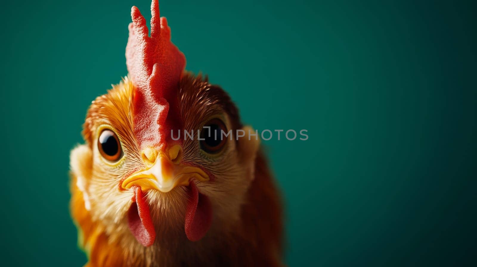 A close up portrait of a chicken with a vibrant comb, set against a green background.