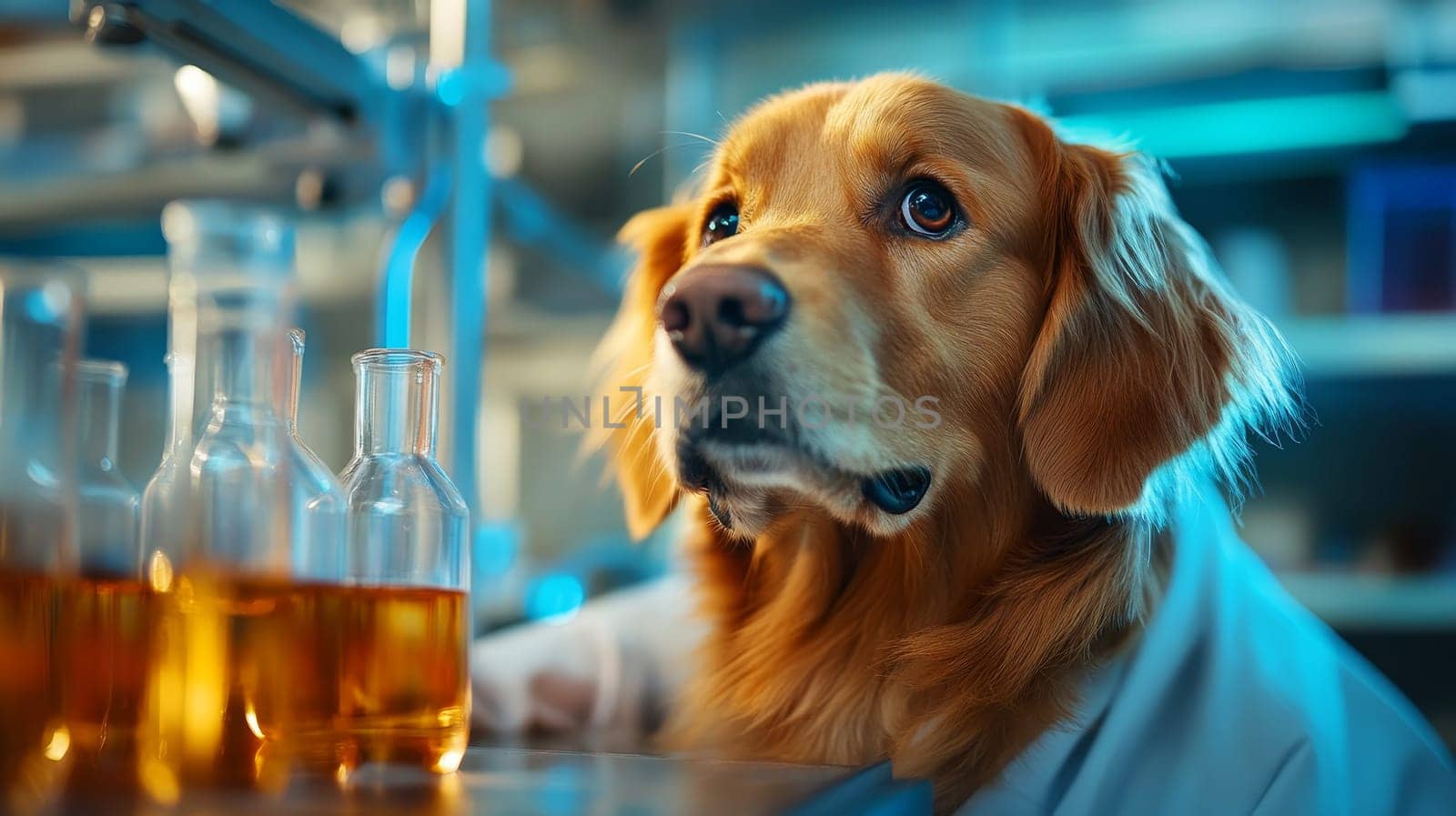 A golden retriever in a lab coat curiously observes experiments in a laboratory, blending science and charm.
