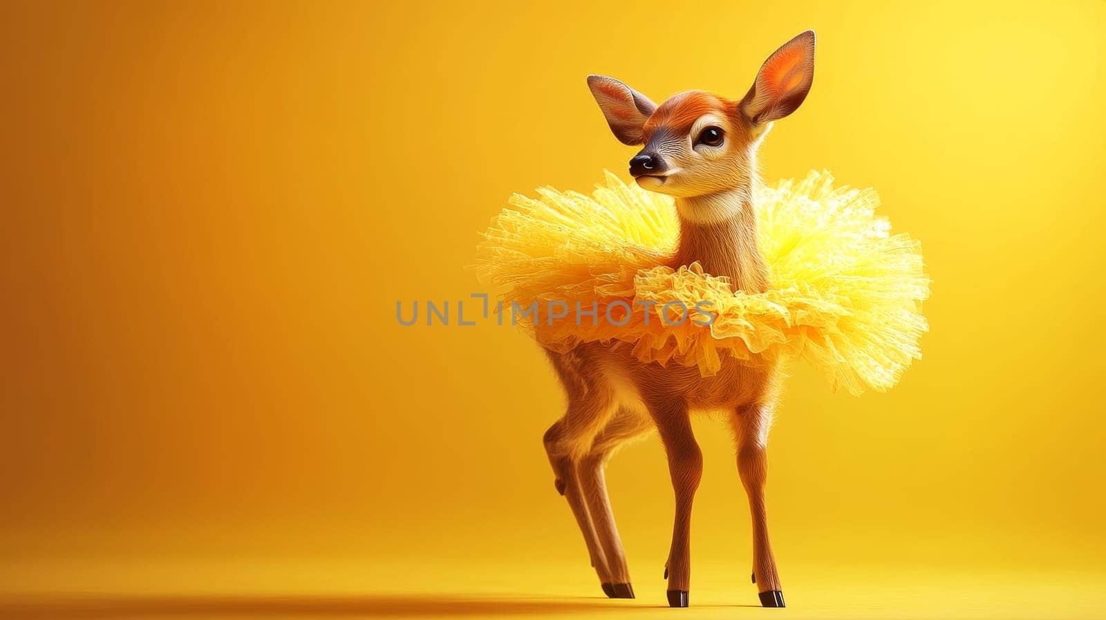 A charming fawn dressed in a vibrant yellow tutu stands gracefully against a bright yellow background, offering copy space.