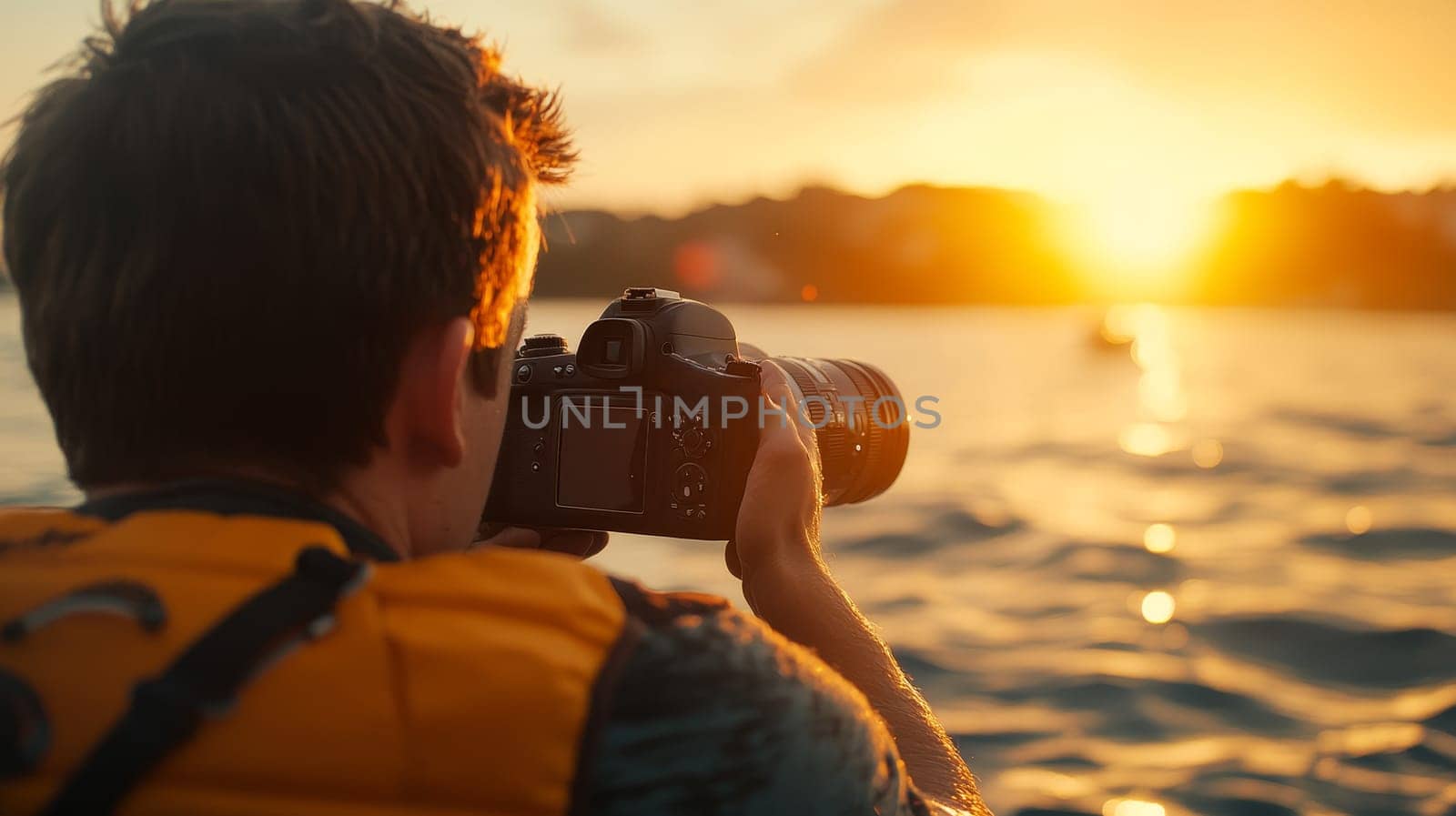 A focused photographer in a yellow vest captures the beauty of a sunset over water, highlighting his passion for nature.