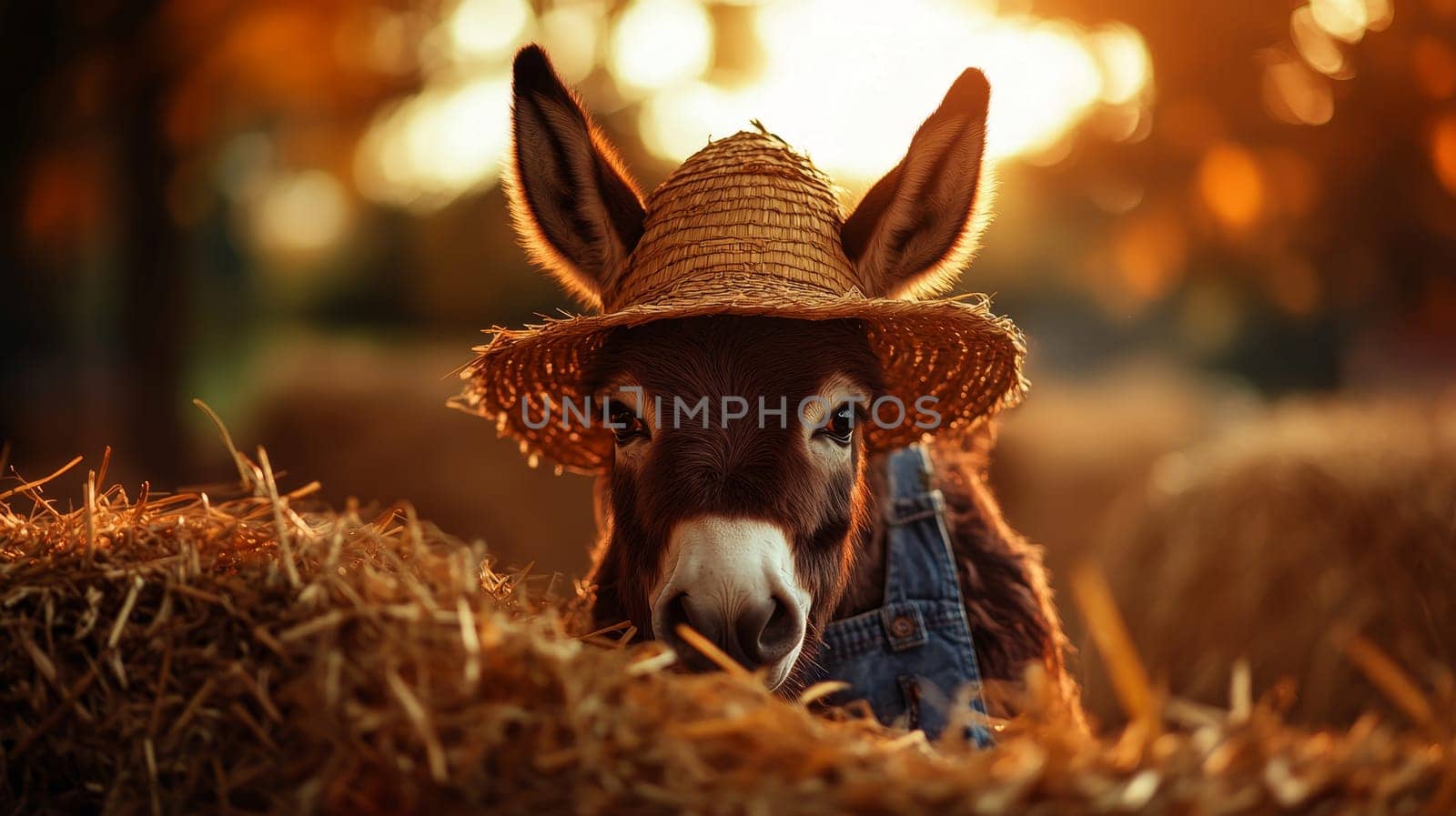 A playful donkey wearing a straw hat peers over hay bales at sunset, embodying rural charm and whimsy.