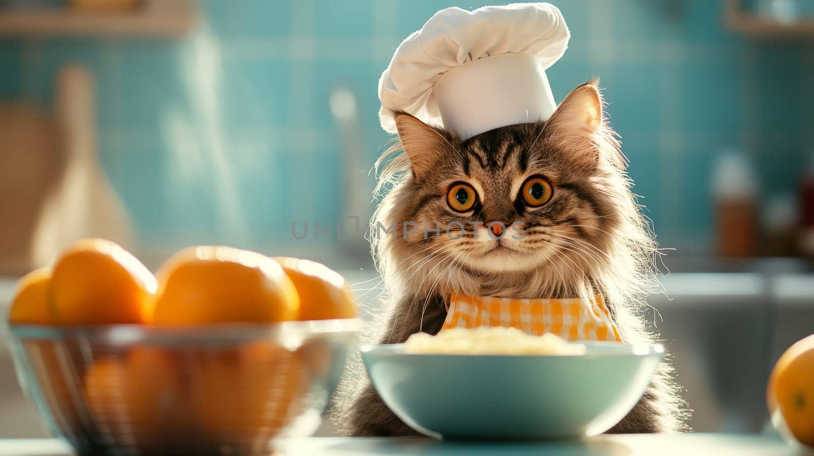 A fluffy cat wearing a chefs hat stands in a kitchen, surrounded by culinary items, ready to cook up a storm.