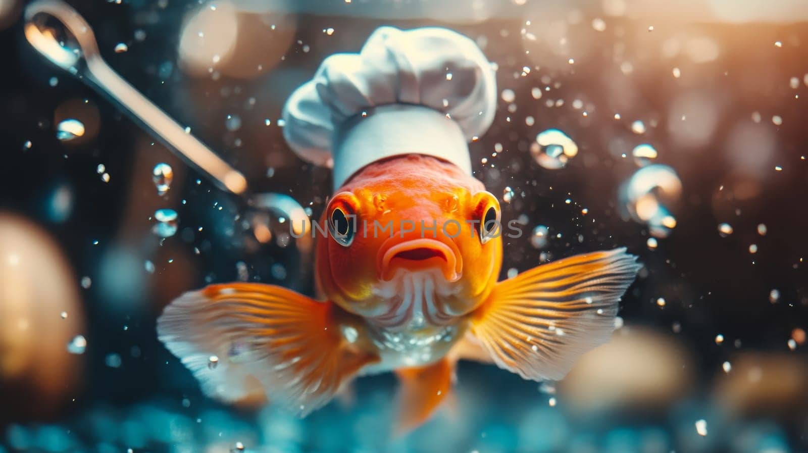 A goldfish wearing a chefs hat swims underwater, blending culinary arts with aquatic life.