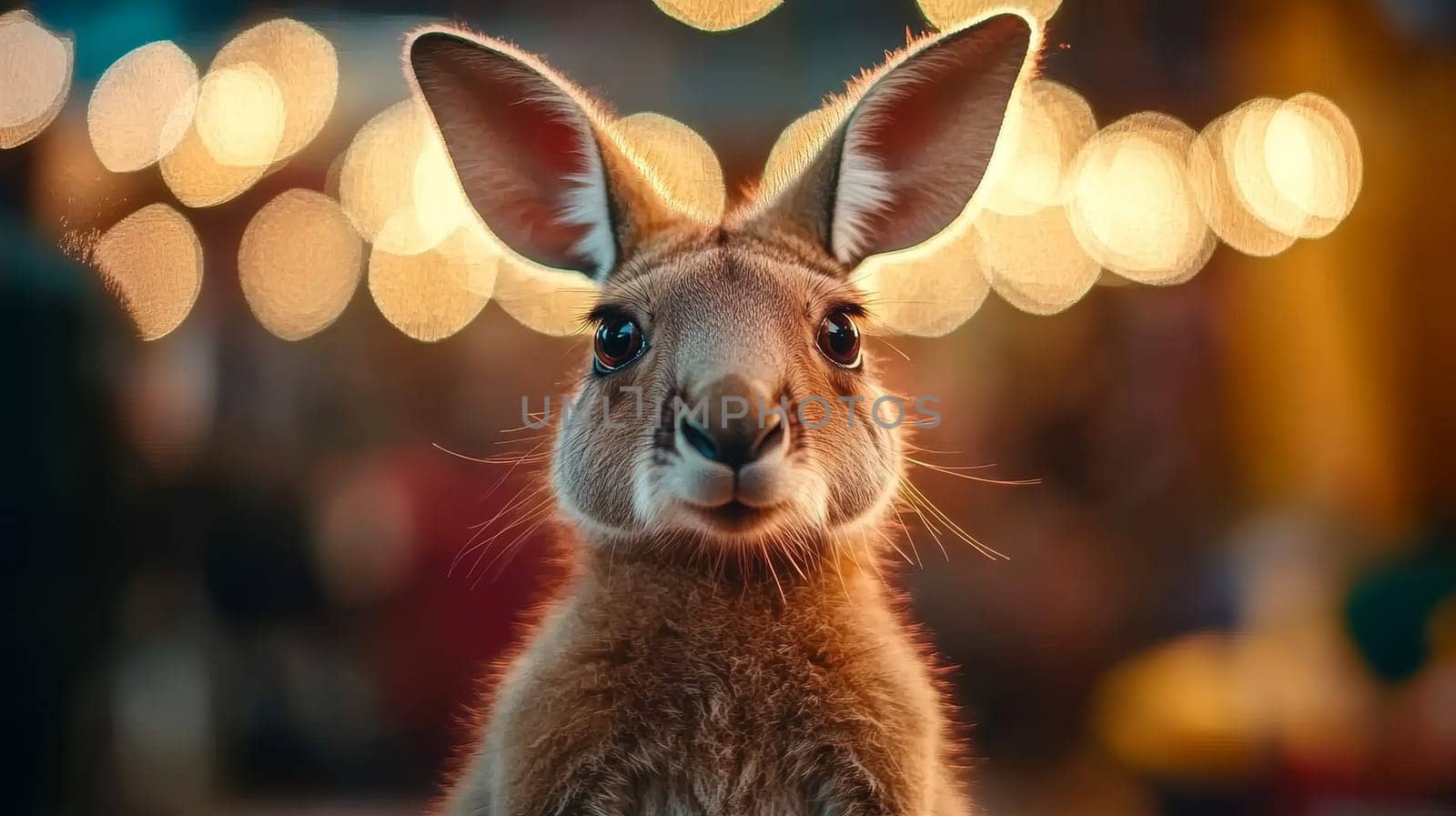 A curious kangaroo gazes forward, surrounded by warm bokeh lights, creating a whimsical atmosphere.