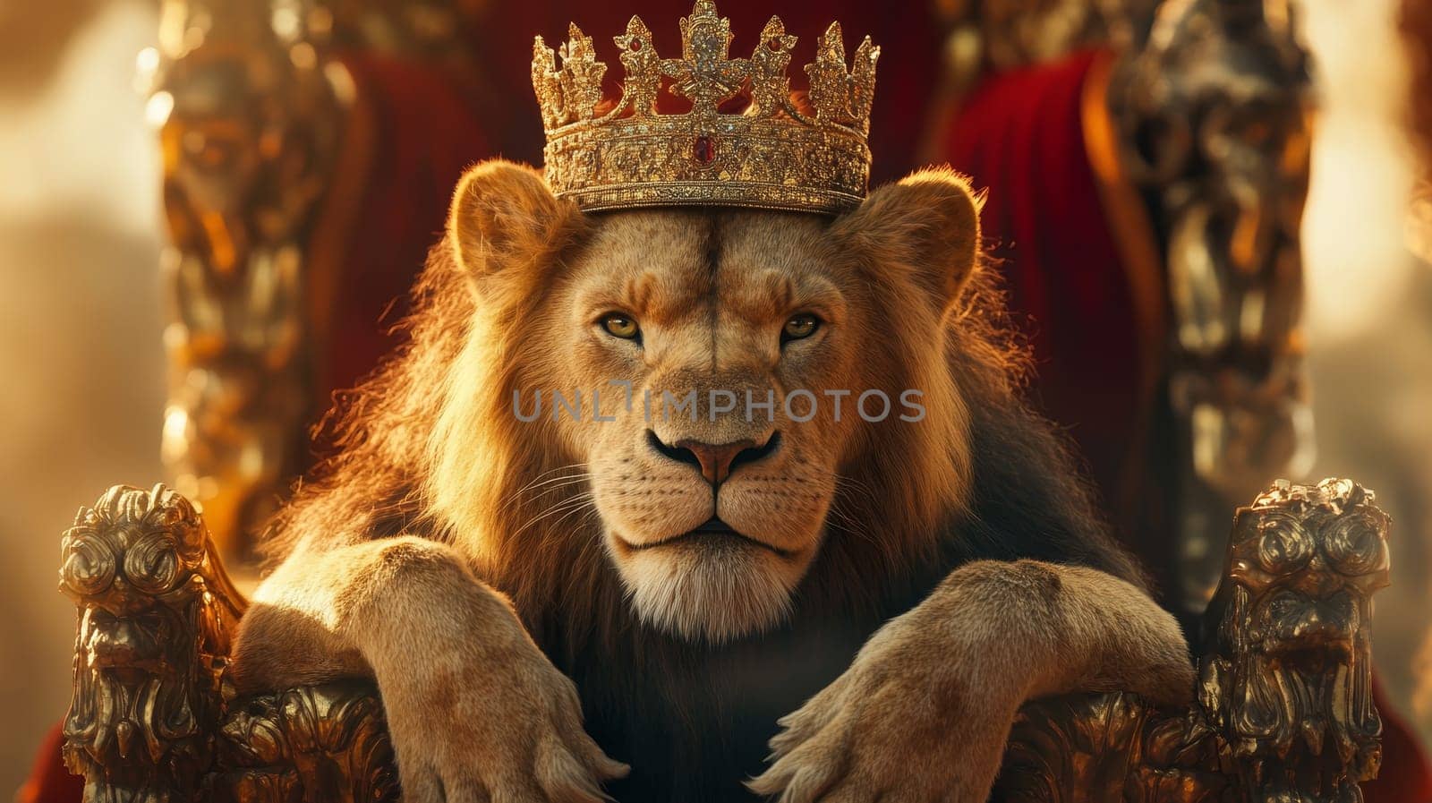 A regal lion wearing a golden crown, seated on an ornate throne, exuding power and majesty.