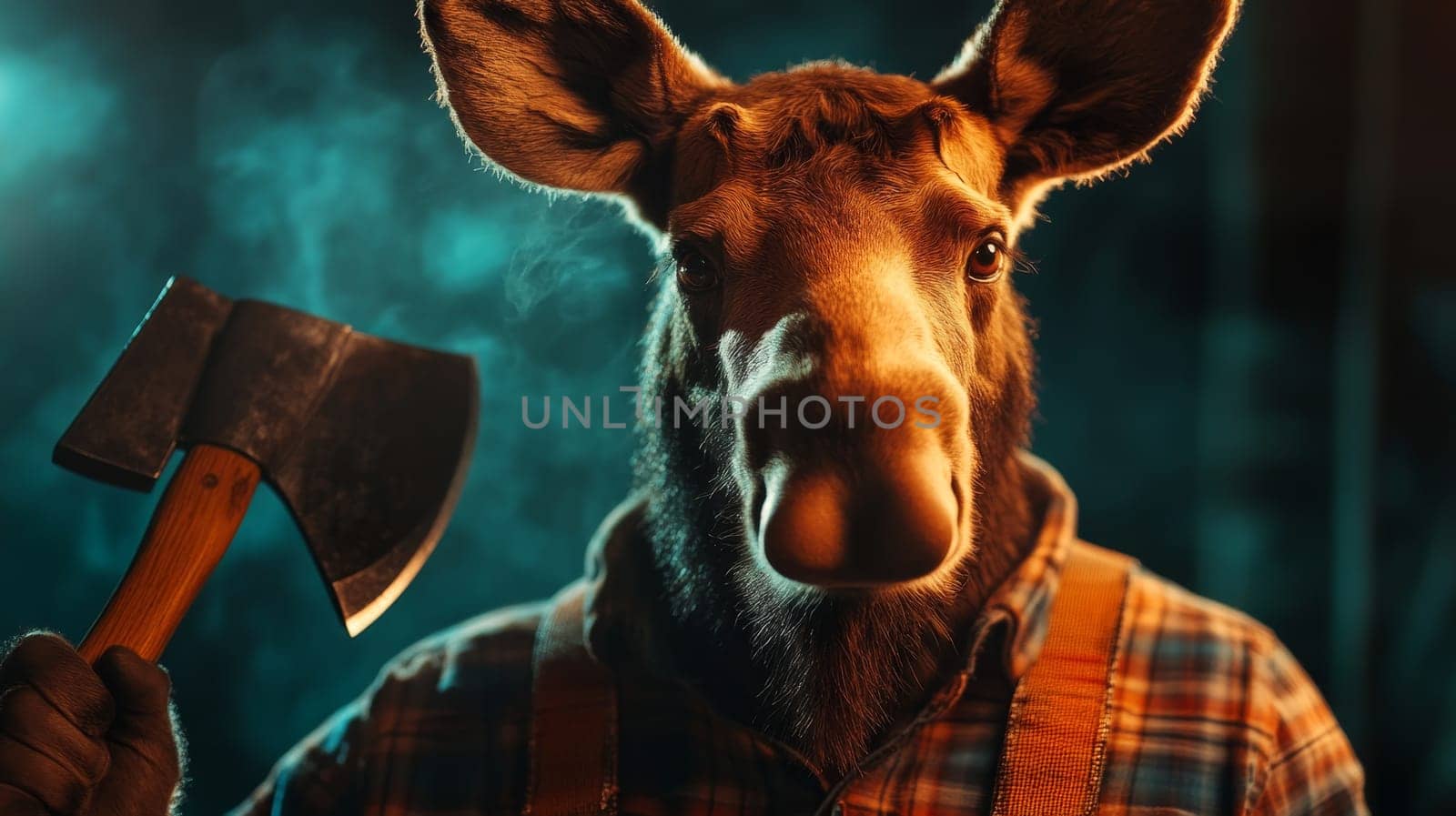 A moose dressed as a lumberjack, holding an axe, set against a dramatic forest backdrop.