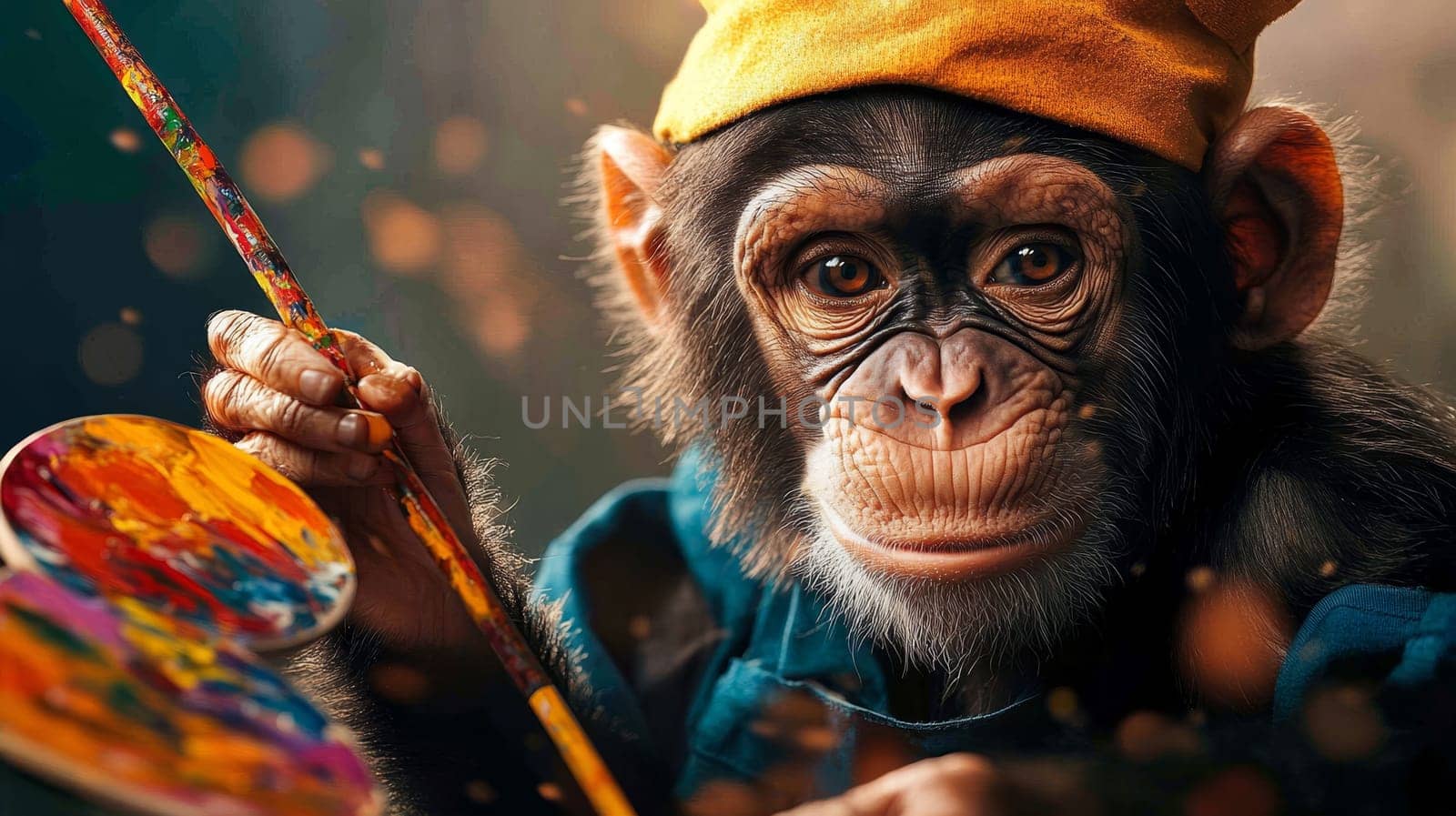 A creative chimpanzee holding a paintbrush and palette, immersed in artistic expression.