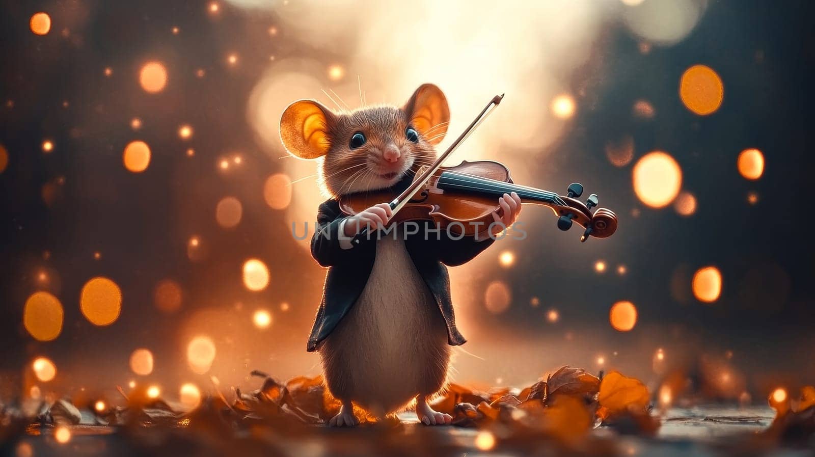 A charming mouse playing a violin in a magical setting, surrounded by glowing bokeh lights.