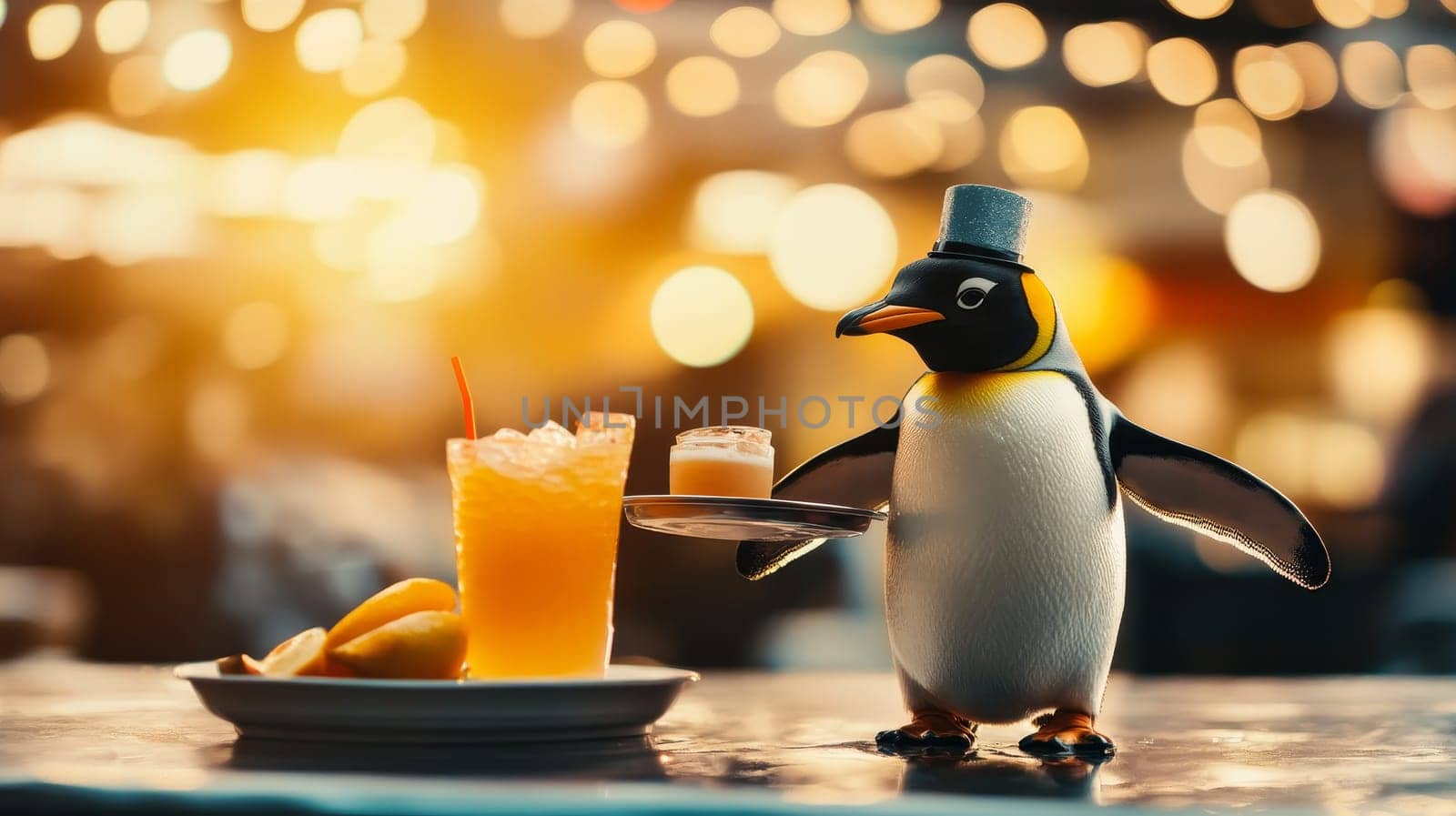 A penguin dressed as a waiter serving drinks in a lively setting with bokeh lights.