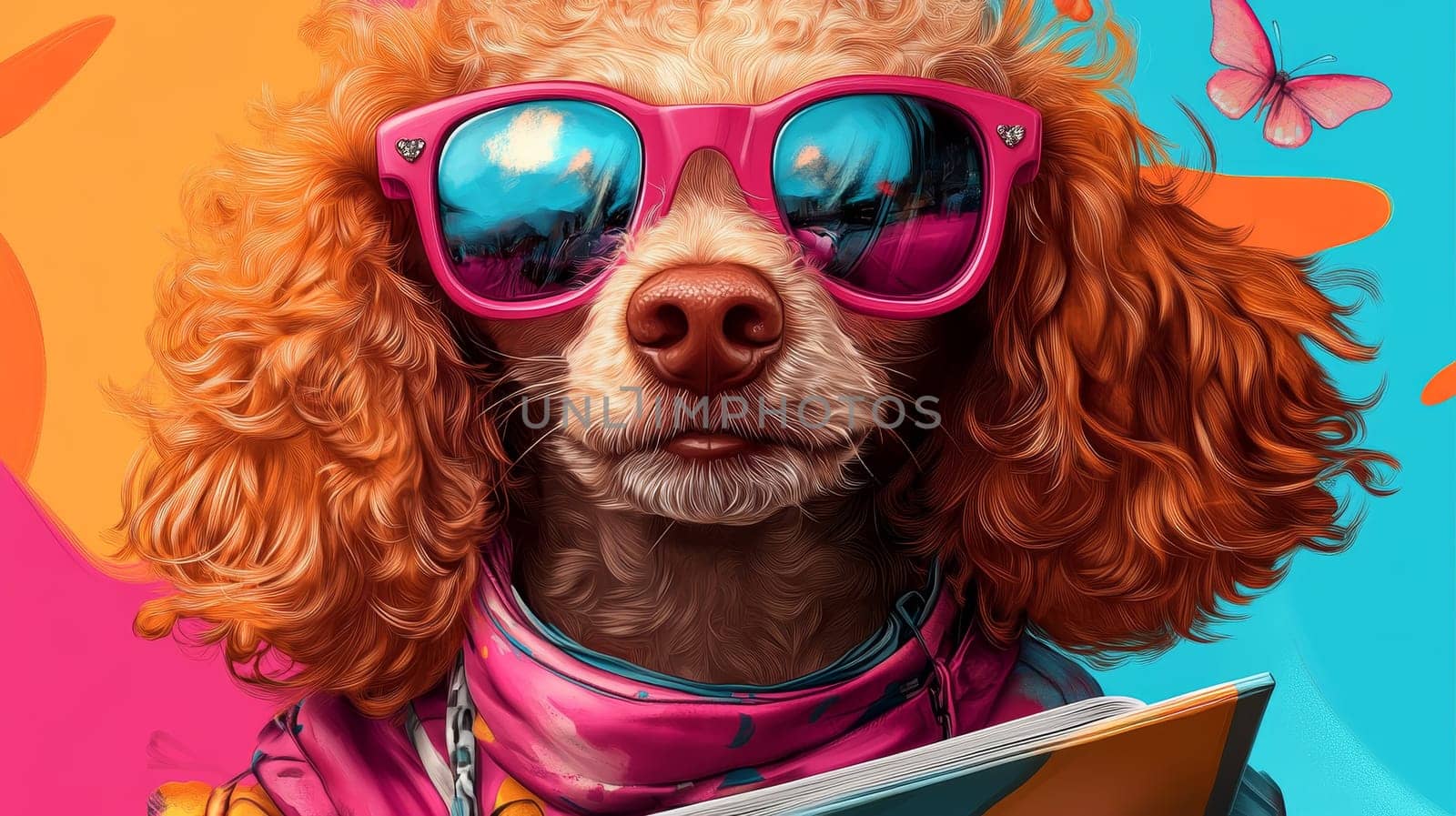 A chic poodle wearing pink sunglasses and a scarf, exuding style and confidence.