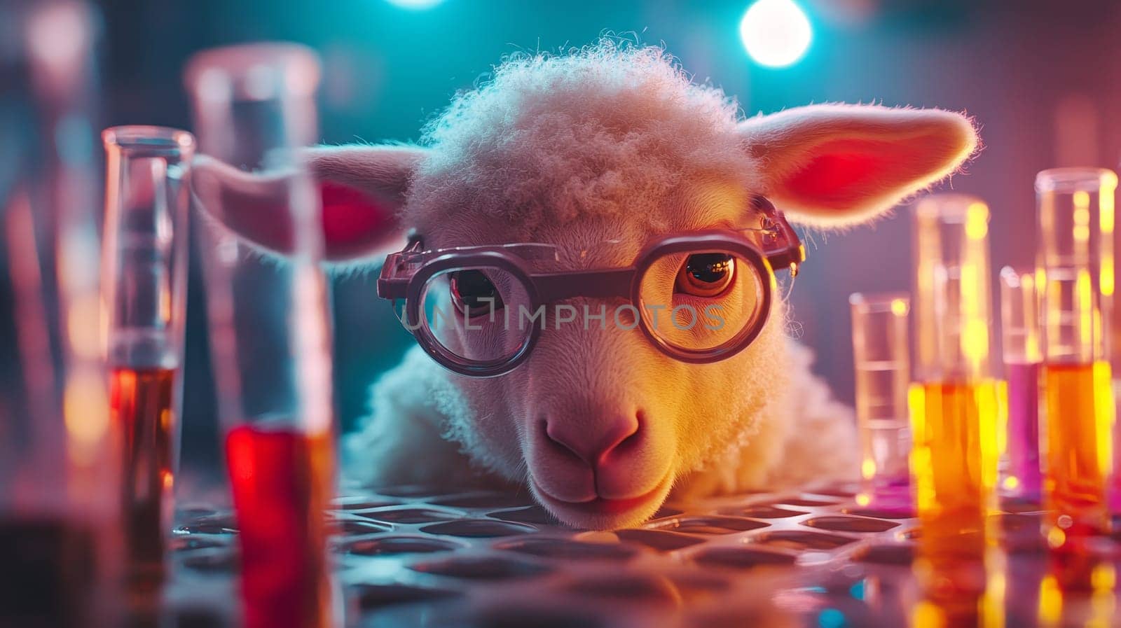 A sheep wearing glasses is surrounded by test tubes in a laboratory, embodying a whimsical scientific theme.