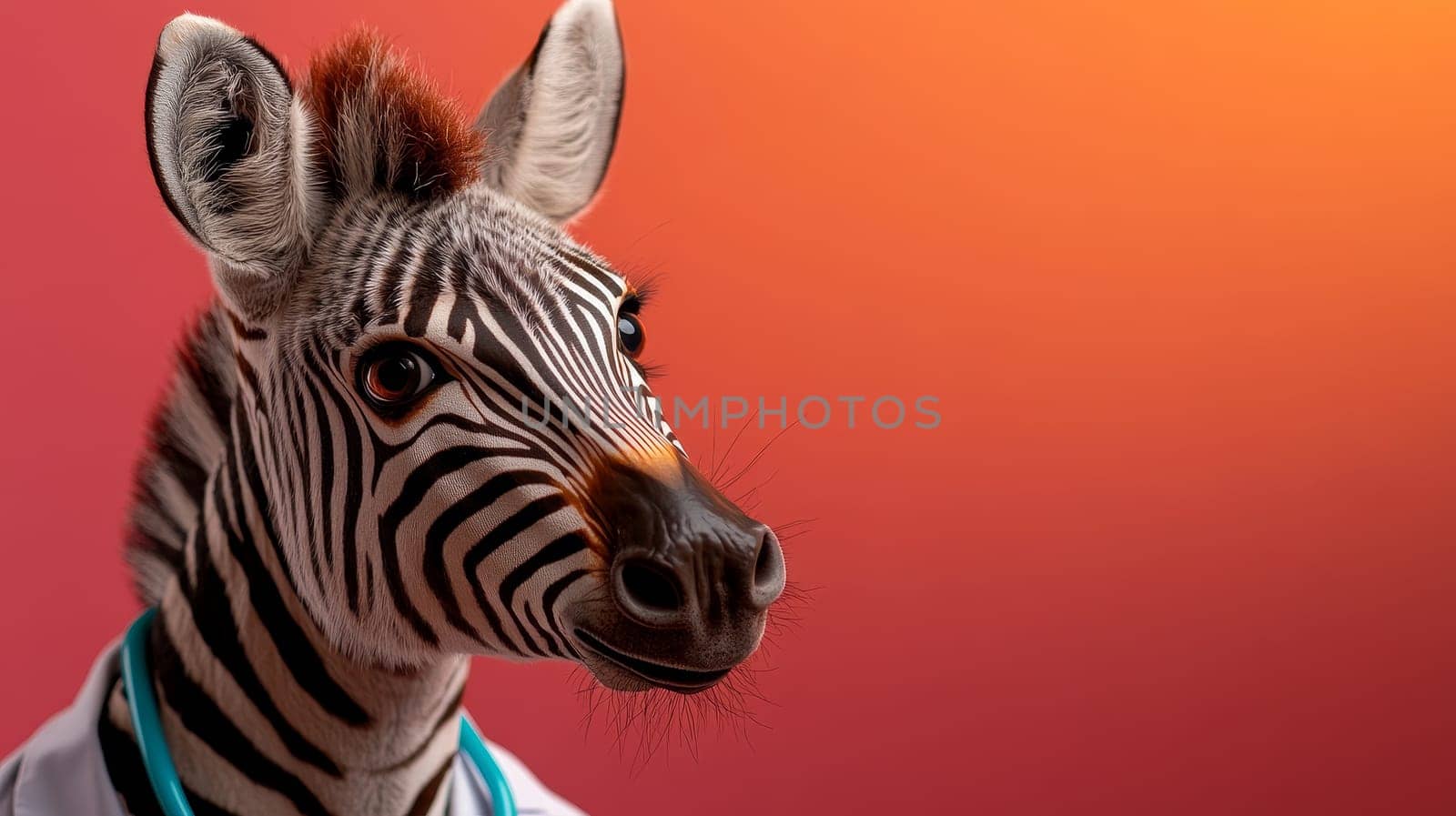 A zebra wearing a doctors coat and stethoscope, merging wildlife with the medical profession humorously.