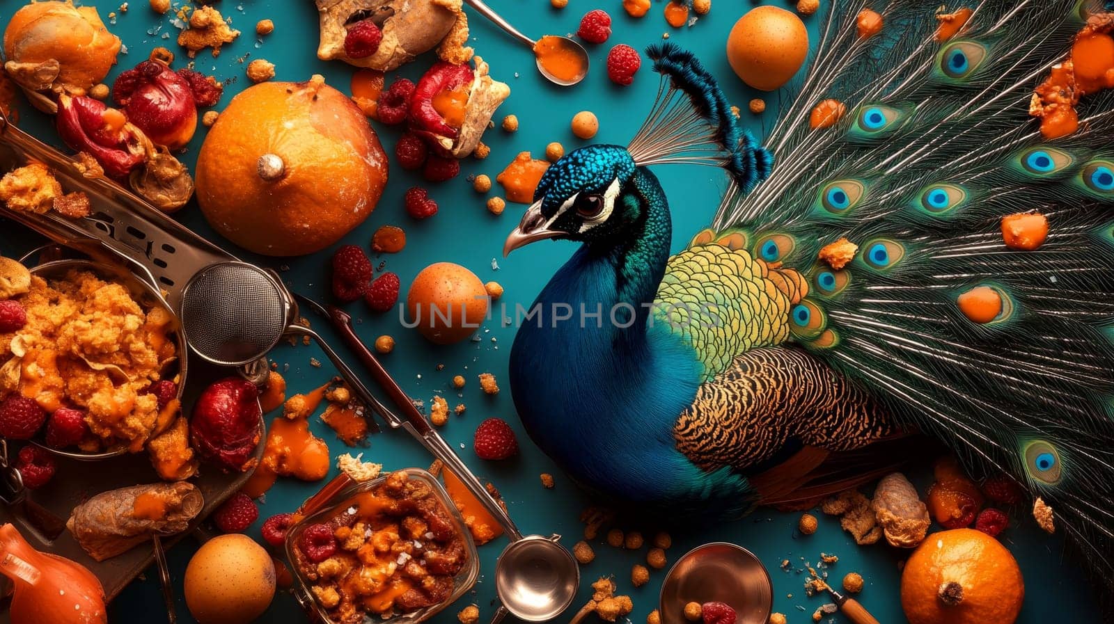 Vibrant peacock amidst a spread of colorful fruits and gourmet foods on a blue background.