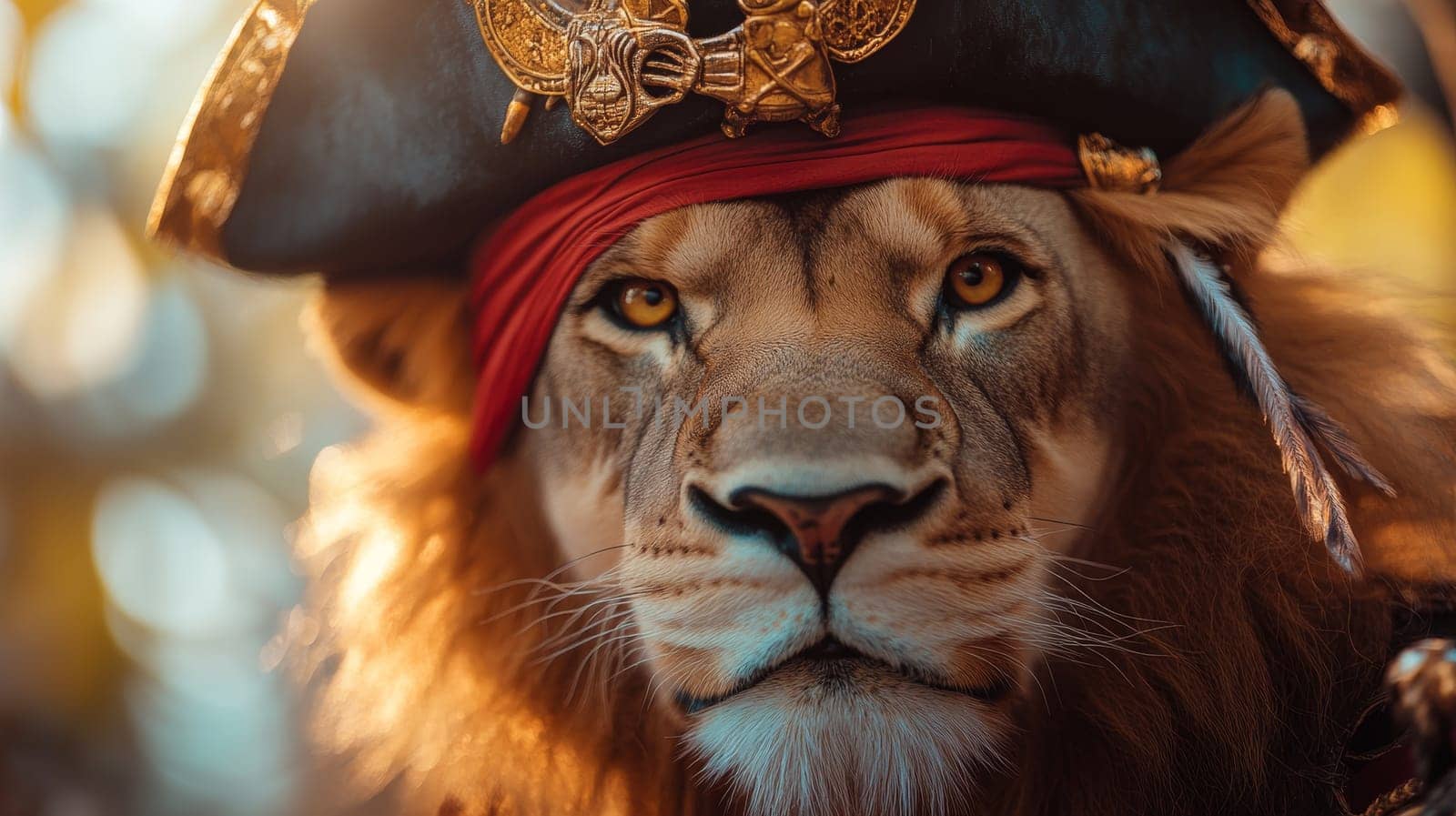 A fierce lion dressed as a pirate, wearing a pirate hat with a red bandana, embracing adventure.