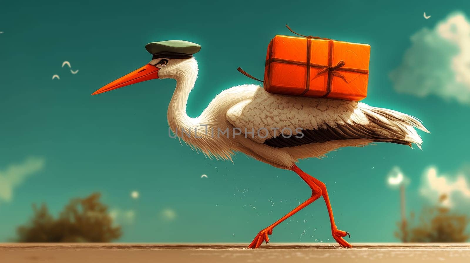 A stork carrying a package on its back, symbolizing a whimsical delivery service in a bright sky.