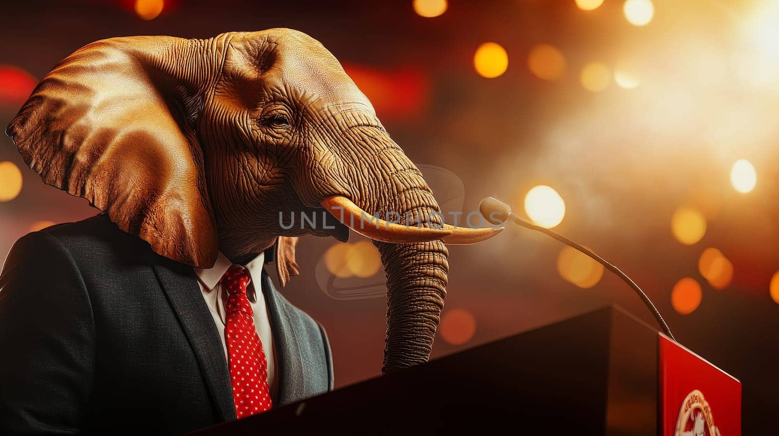 An elephant headed figure in a suit speaks at a podium, symbolizing power and leadership in a surreal setting.
