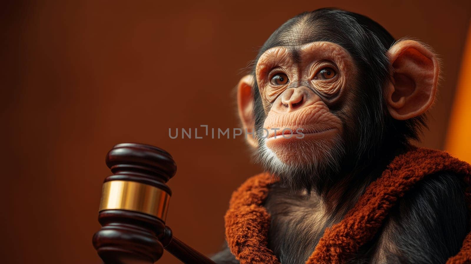 A serious chimpanzee dressed as a judge, holding a gavel, symbolizing justice and authority.