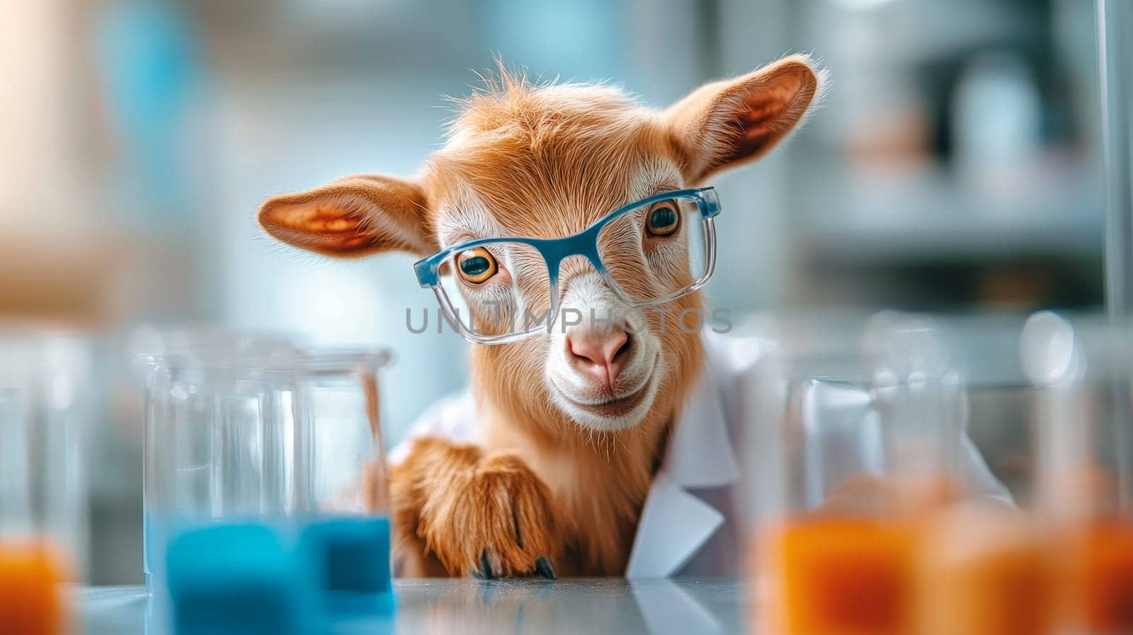 A goat in glasses and a lab coat examines beakers, adding a humorous twist to scientific research.