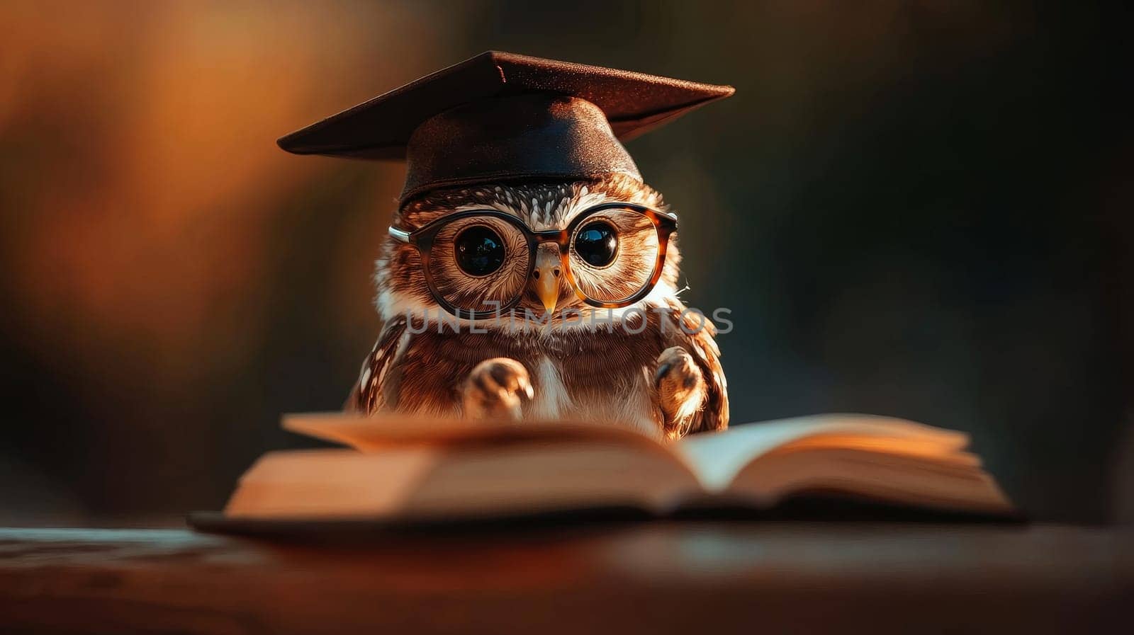 A wise owl wearing a graduation cap and glasses, reading a book, symbolizing knowledge and wisdom.