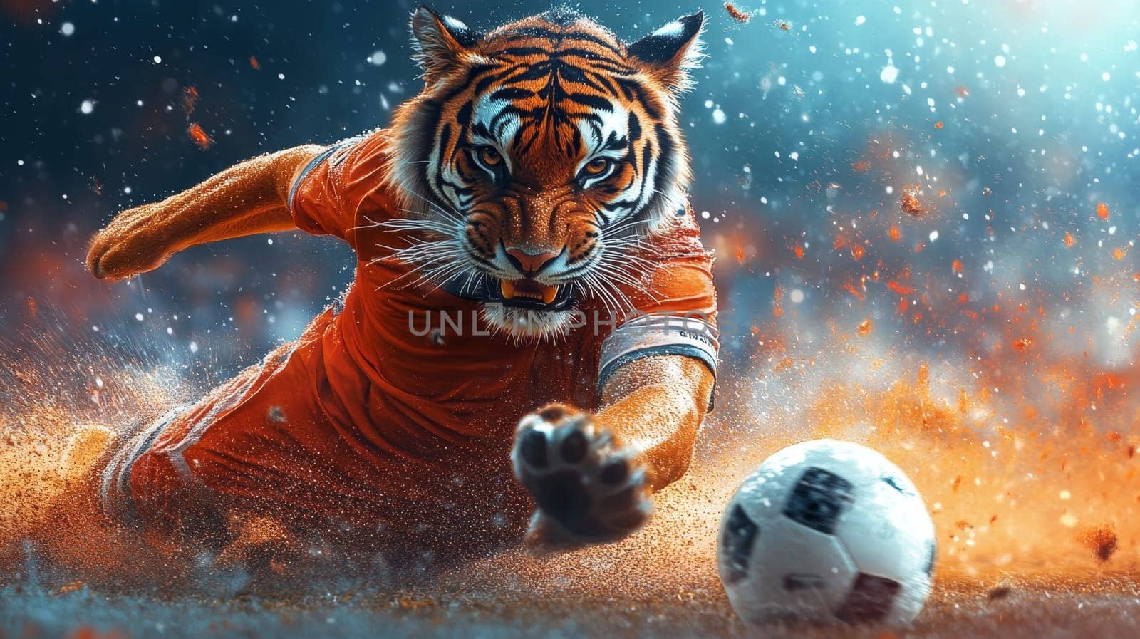 A dynamic tiger in a soccer jersey dives for a ball, showcasing strength and agility on the field.