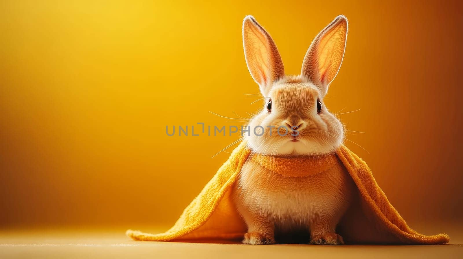 A cute bunny draped in a yellow cape sitting against a plain background with copy space.