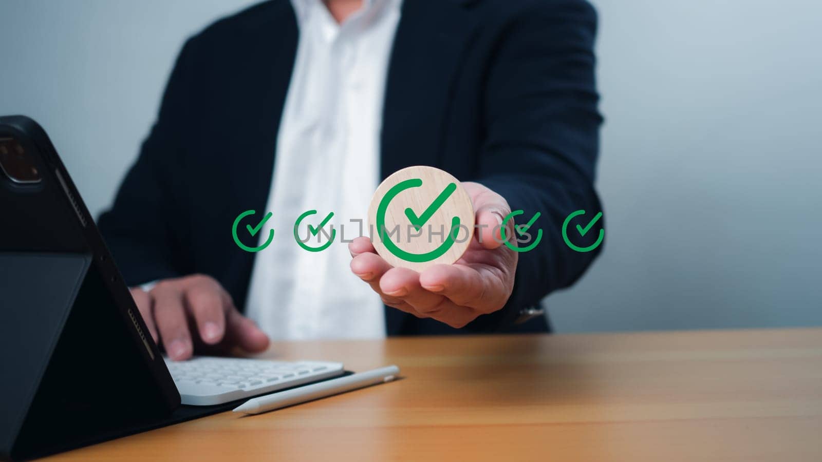 ISO certification and standardization concept, Hand shows sign of top service Quality assurance, Guarantee, Standards, satisfaction, Service experience, Show the standards of products and services.
