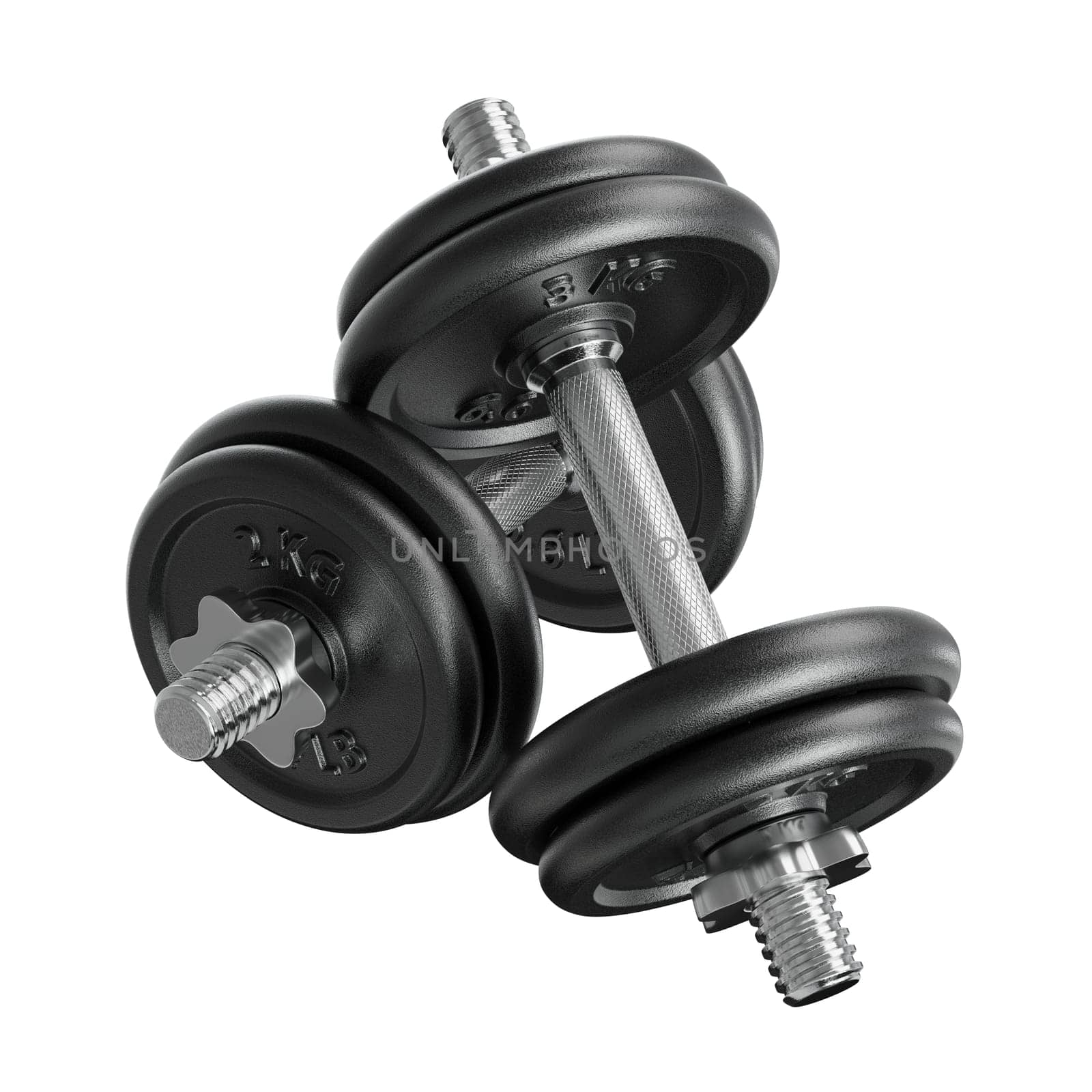 Cast Iron Black Adjustable Dumbbells, weightlifting gym equipment, side view, isolated on white background. 3D illustration