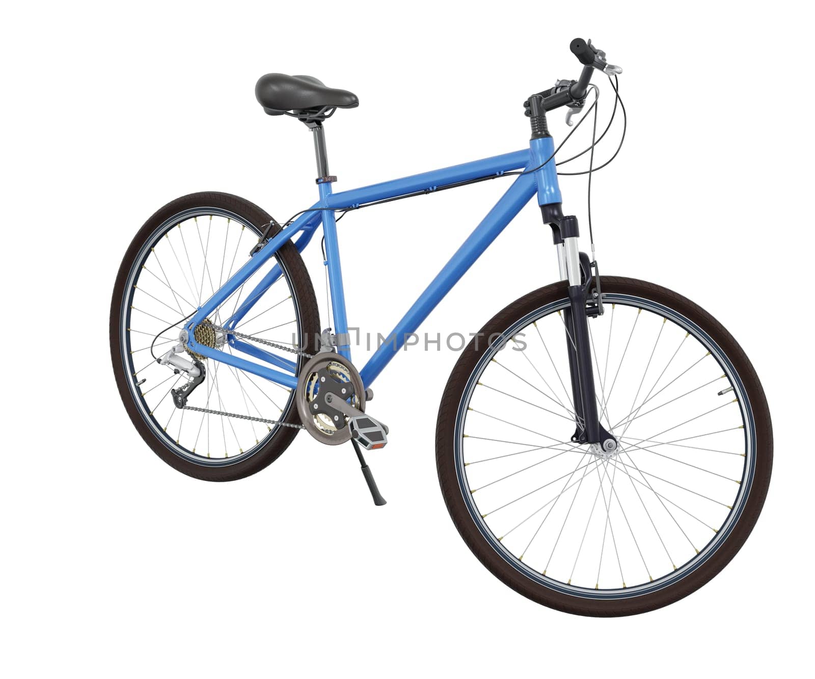 Blue bicycle standing while leaning on kickstand, front side view. Bike resting on kick stand isolated on white background, 3D illustration