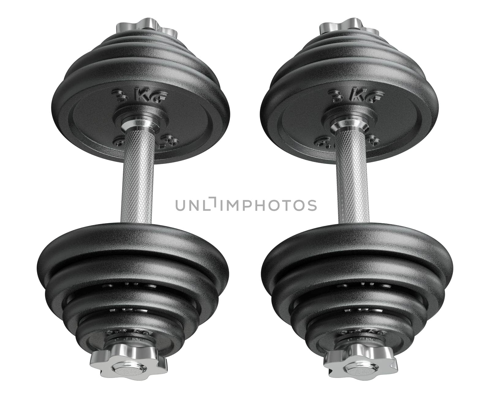 Pair of black adjustable dumbbells, weightlifting gym equipment, side view, isolated on white background. 3D illustration