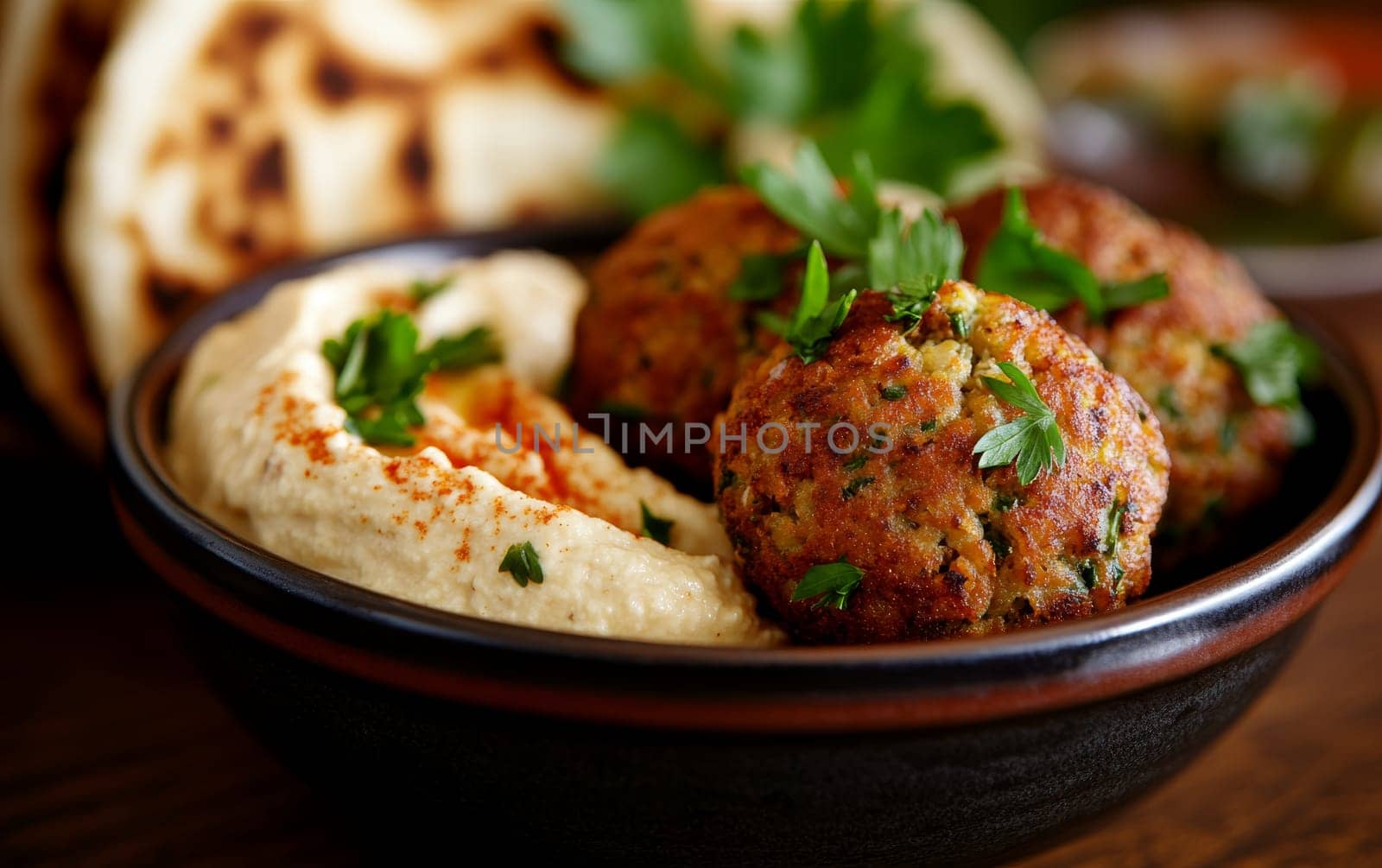 A flavorful platter of falafel and creamy hummus garnished with parsley, a staple of Middle Eastern cuisine.
