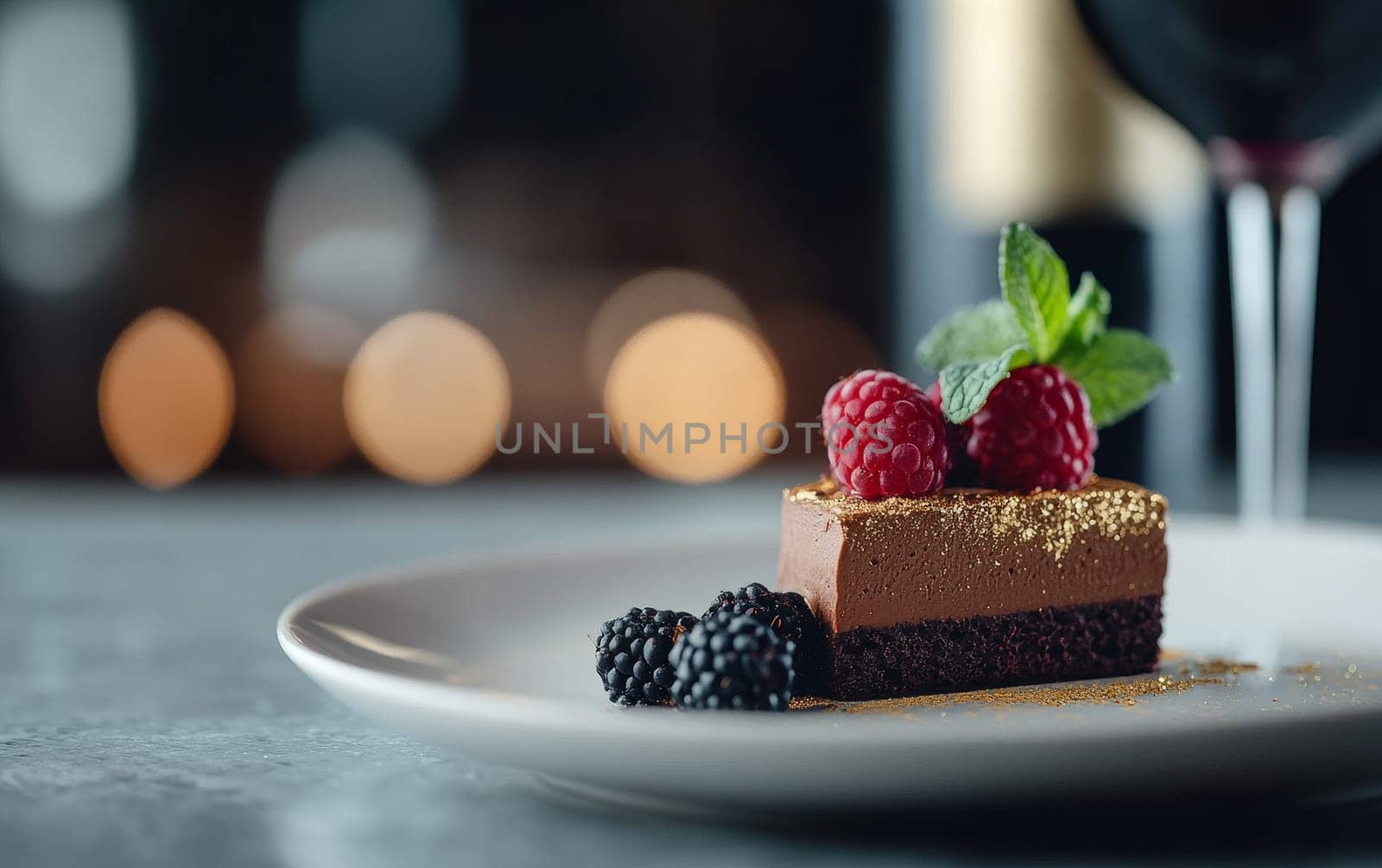A decadent chocolate mousse cake topped with raspberries and gold dust, served on a white plate.